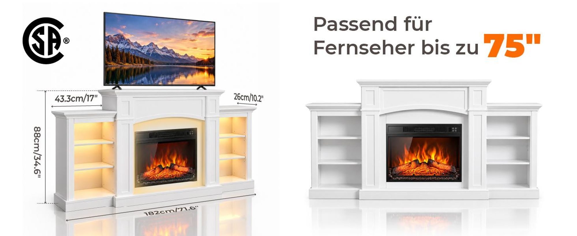 LEADZM Kamin mit LED-Flammen, Elektro Kamin mit Heizung, 1800W Elektrischer Kamin, Sparsamer Kamin Elektrisch, Wandkamin mit Fernbedienung & Timer, Elektrische Kamine mit MDF-Gehäuse,182×30×88cm