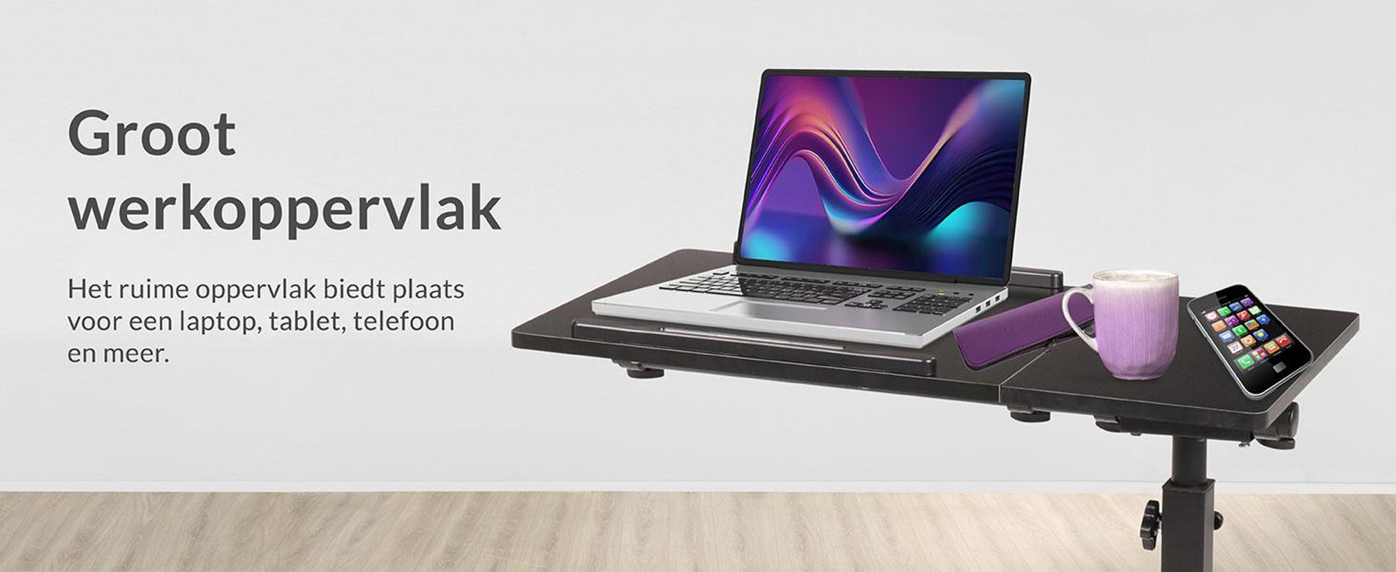 ELONEO mobiele bedtafel op wielen, verstelbare hoogte/breedte, kantelbaar/opklapbaar tafelblad, nachtkastje voor ziekenbed, verpleegbed, laptoptafel (zwart)