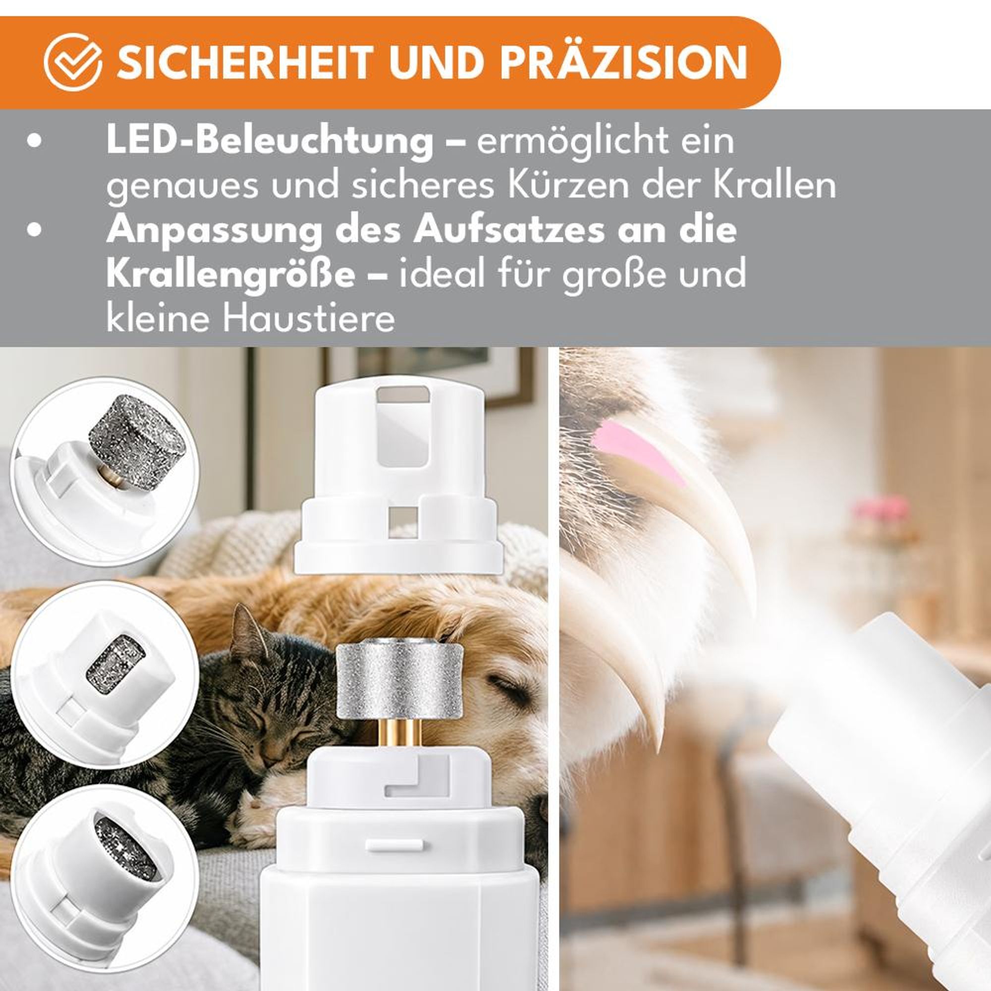 KRUMAD Krallenschleifer für Hunde und Katzen, Elektrische Krallenfeile mit 7500 U/min, USB-C Akku, LED Tierpflege Gerät mit Metallschleifrad