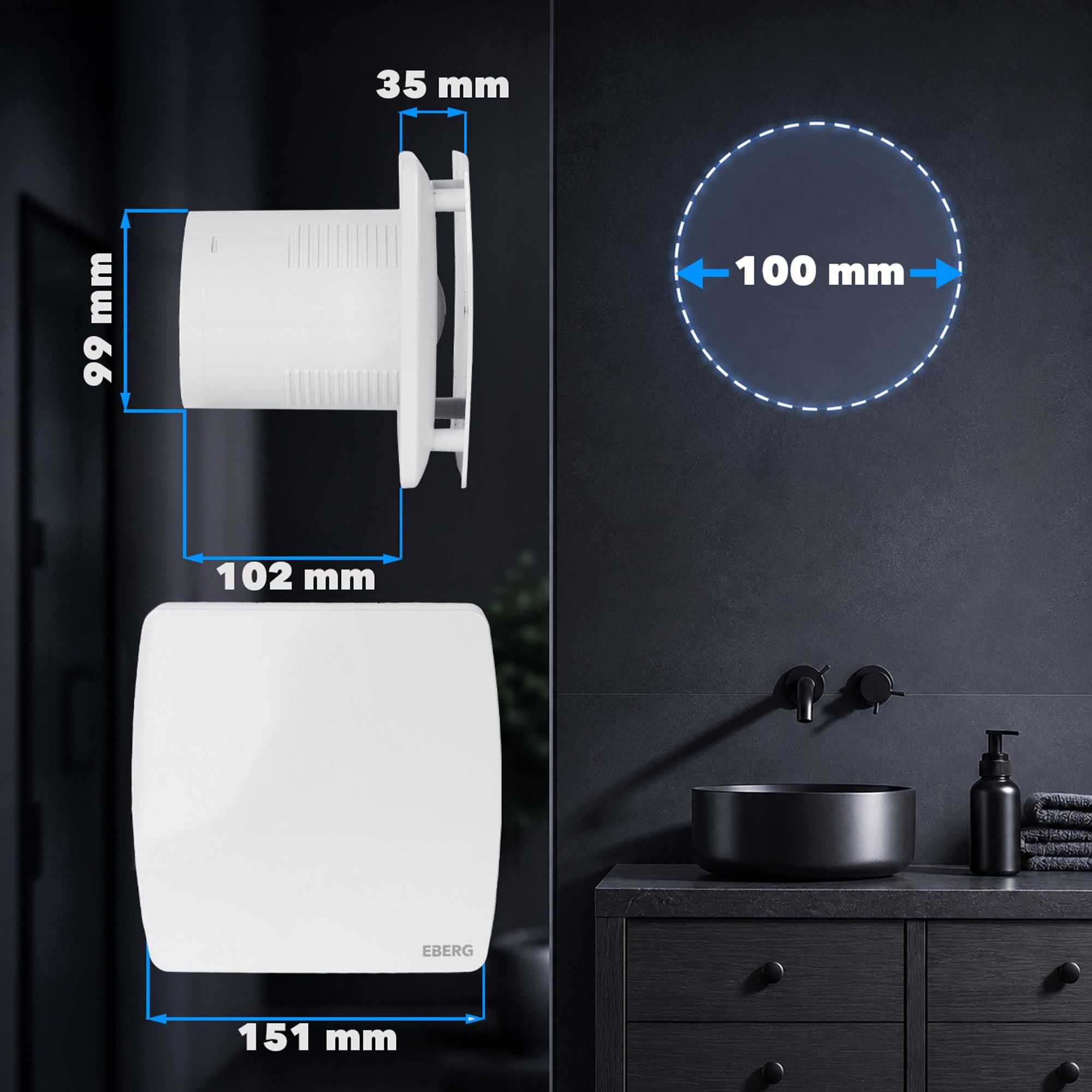 EBERG AXI 100 T Wentylator Łazienkowy 100 mm Timer Klapa Zwrotna Biały