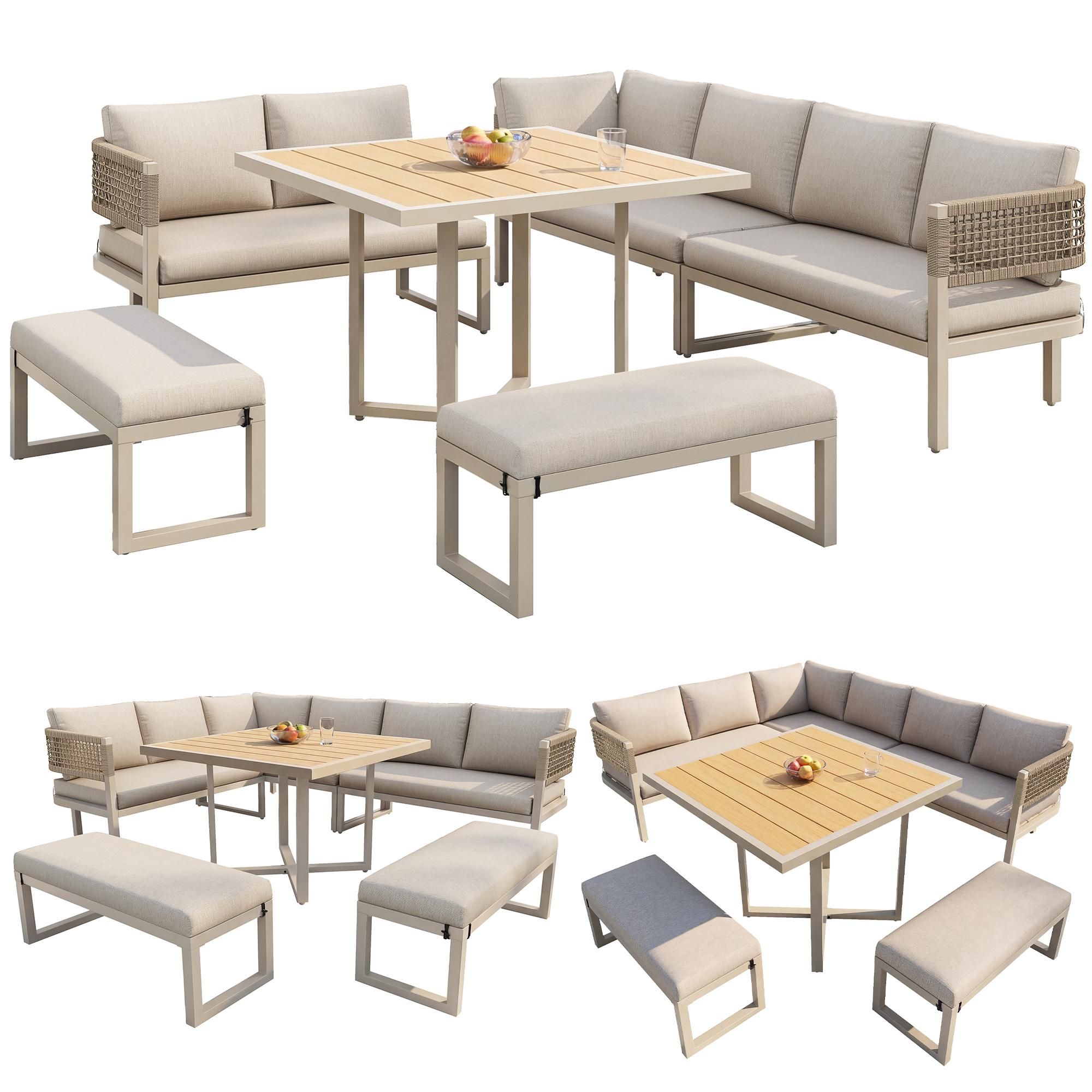 Flieks Gartenmöbel-Set 6 teilig für 8-10 Personen, Gartenlounge-Set mit Bank und Tisch, Gartengarnitur Sofagarnitur mit Seil-Design, Beige