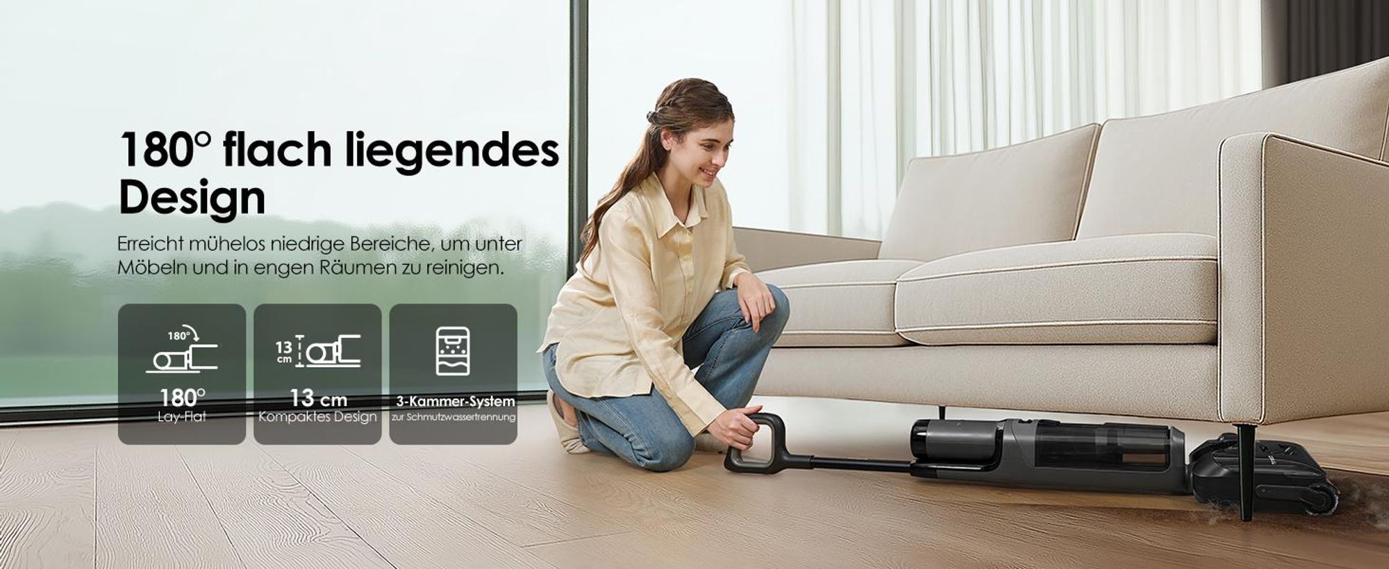 Tineco FLOOR ONE i6 Stretch Nass Trockensauger, Selbstreinigung 5 Min Flashdry, 180° Lay-Flat, 20kPa, 40 Min, Beidseitige Kantenreinigung Waschsauger