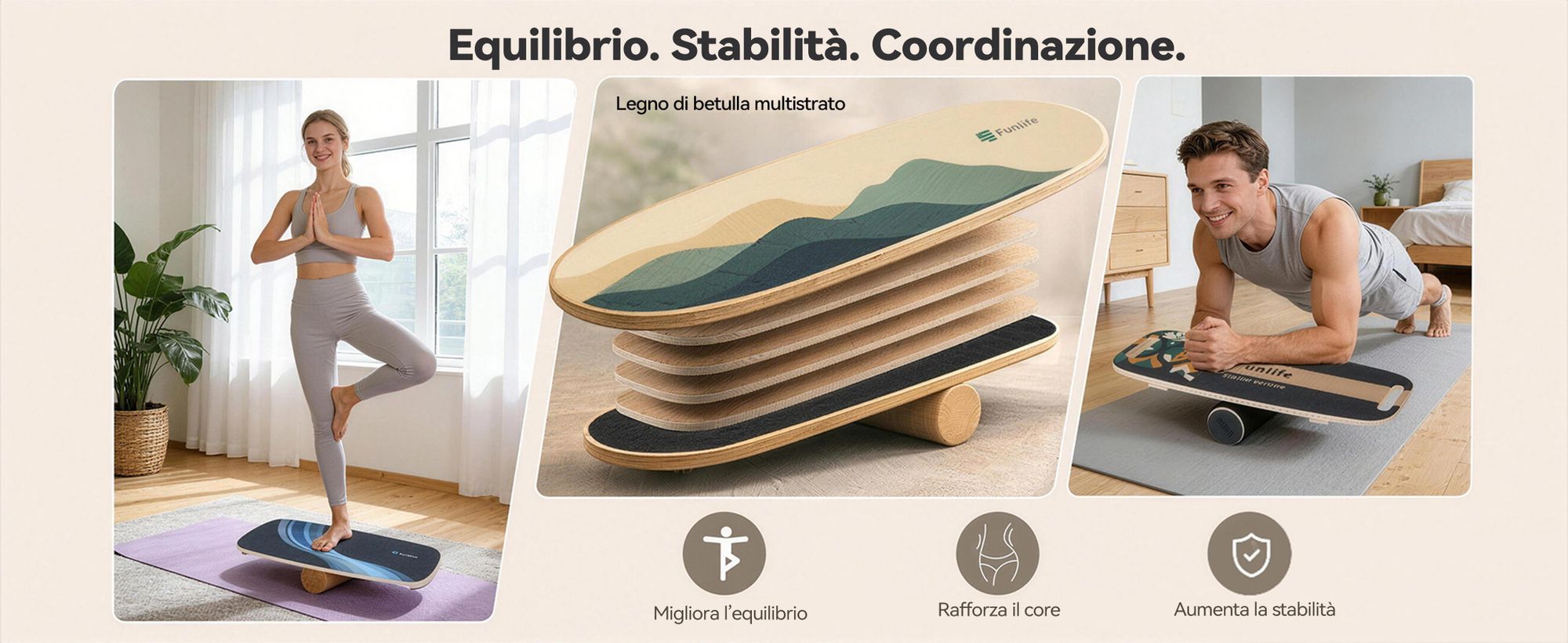 FunLife Balance Board in legno di betulla con rotelle ALPINE – Attrezzo stabile per l'allenamento dell'equilibrio, il core training e il fitness, antiscivolo e resistente
