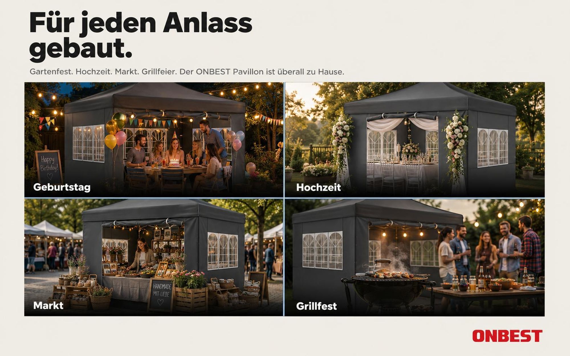 ONBEST Pavillon 3x3 | Wasserdicht | faltbar | Grau | mit Sandsäcke | Heringe | Seile | UV50+| Premium