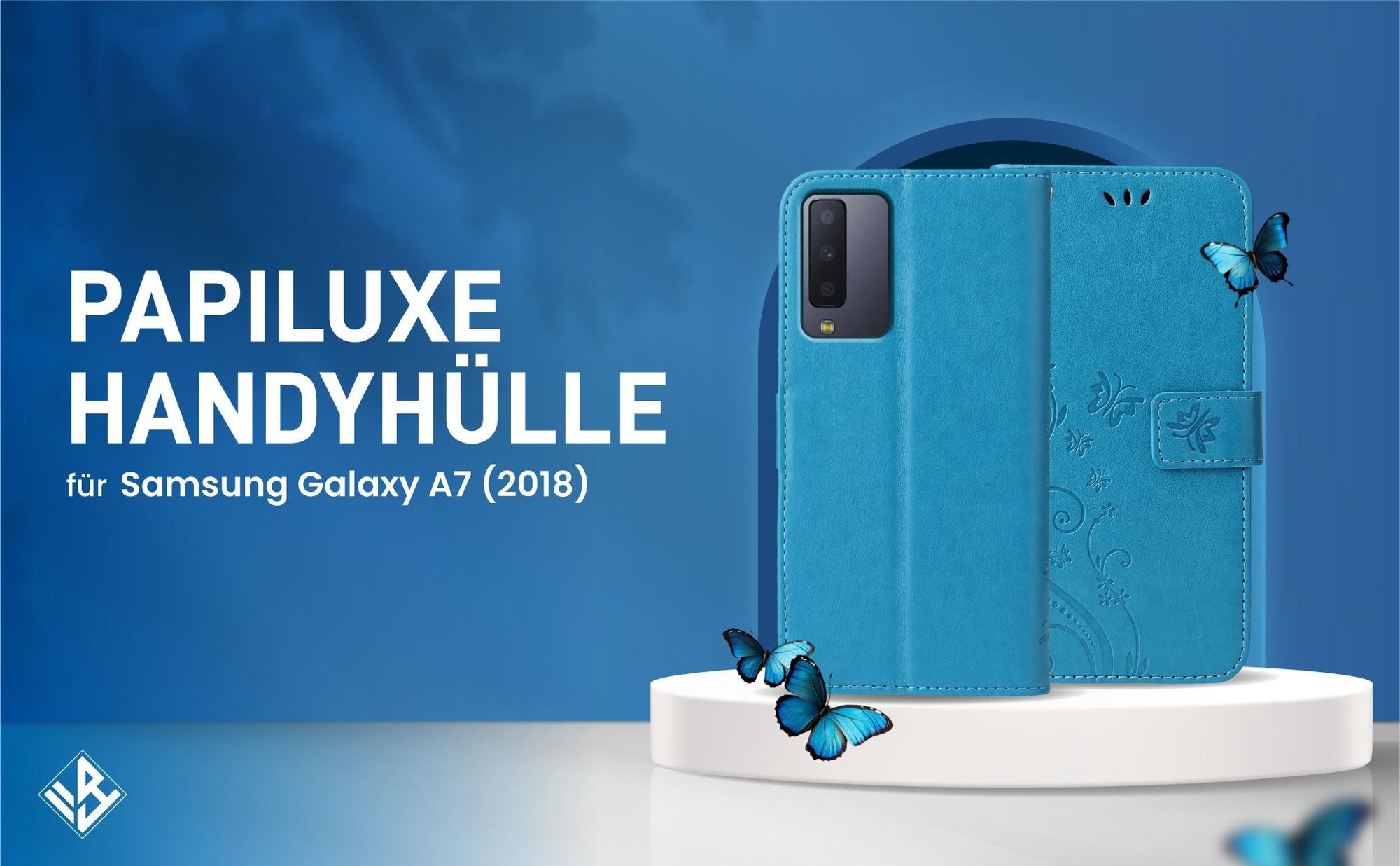 Blaue Klapphülle im Schmetterling Design für Samsung Galaxy A7 (2018) mit Wallet-Funktion