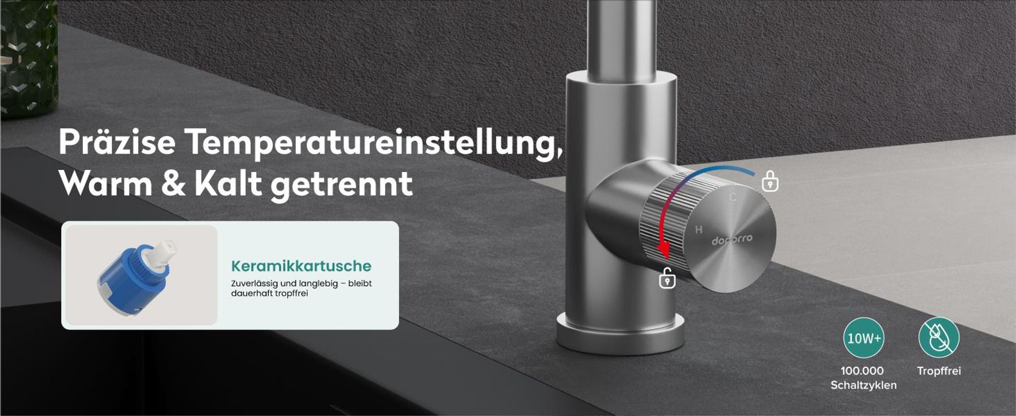 doporro Wasserfall Wasserhahn Küche Hochdruck mit 3 Strahlarten und Einhebel-Mischbatterie, ausziehbare Spültischarmatur Gebürstet silber Turnix-02
