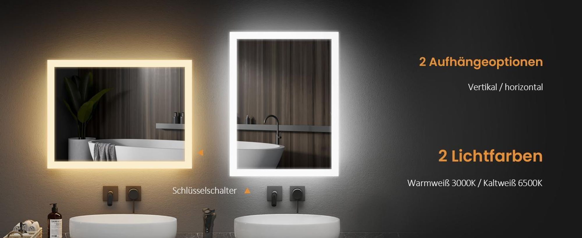 EMKE LED Badspiegel 50x70cm mit Beleuchtung & Antibeschlag, Wandspiegel mit Mechanischem Schalter Badezimmerspiegel 3000K/6500K Lichtfarben