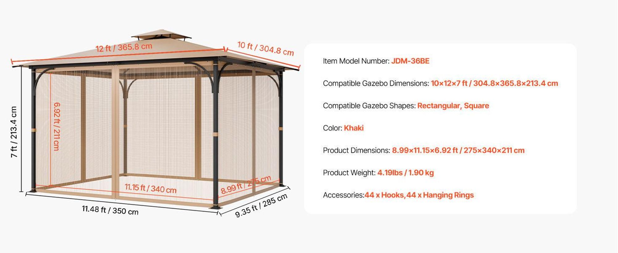 VEVOR Moskitonetz für Pavillon, Mückennetz passend für 304,8x365,8x213,4 cm große Pavillons, Insektennetz, 4-teiliger Seitenwand-Pavillonvorhang