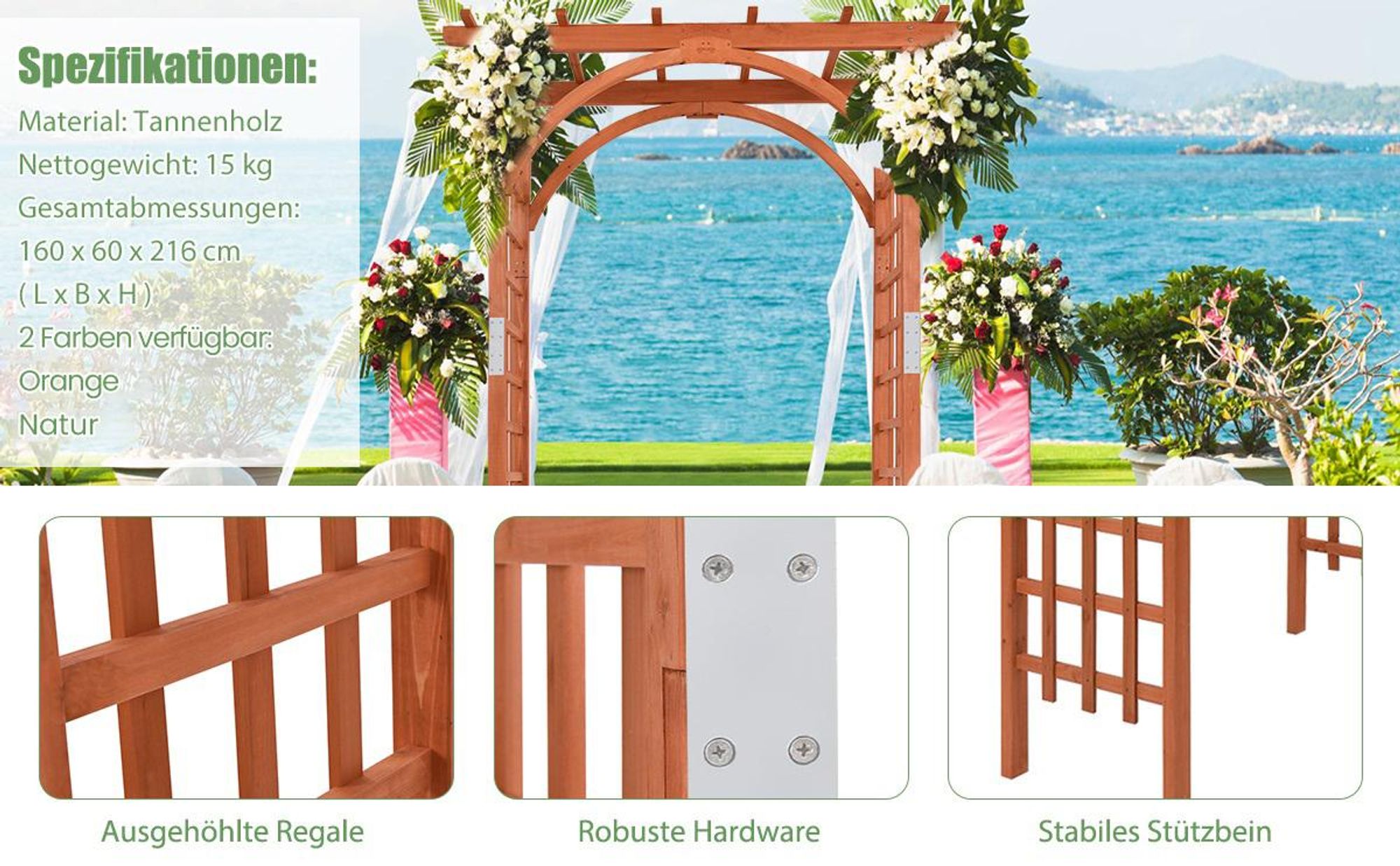 COSTWAY Rosenbogen Holz, Gartenbogen für Kletterpflanzen, Rosengitter Torbogen Rankhilfe, Rankgitter Rosenpavillon, Rankbogen für Hinterhof Veranda Hochzeit Party