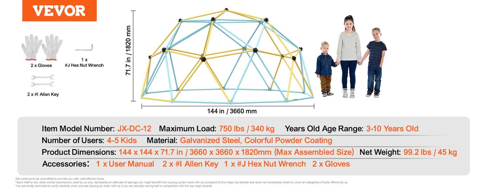 VEVOR Kletterdome, 3m geometrischer Kletterdome Spielzentrum für Kinder von 3 bis 10 Jahren, Spielplatz unterstützt 340 kg und einfache Montage, mit Klettergriffen, Outdoor-Spielgeräte für den Garten für Kinder, 12 ft, Keine Ersatzteile-b