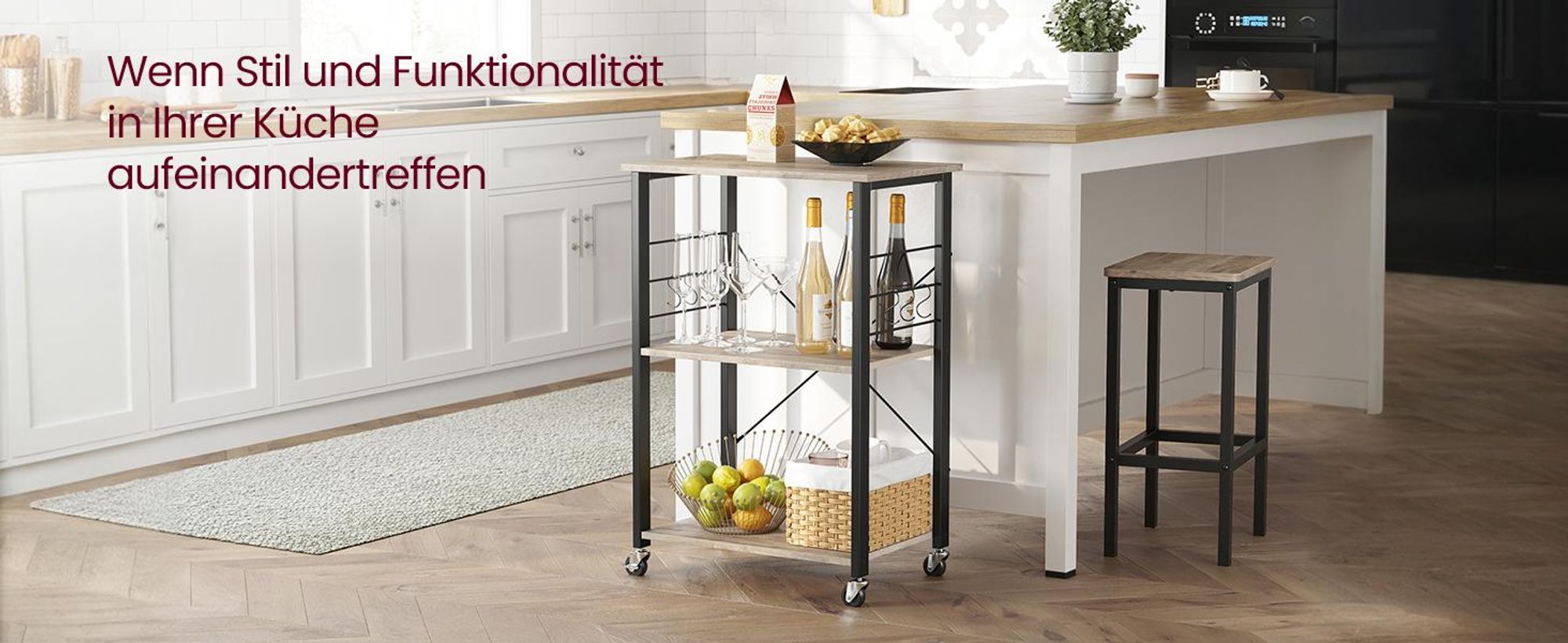 VASAGLE Küchenwagen mit 3 Ebenen, 6 Haken, 40 x 60 x 89 cm, Greige