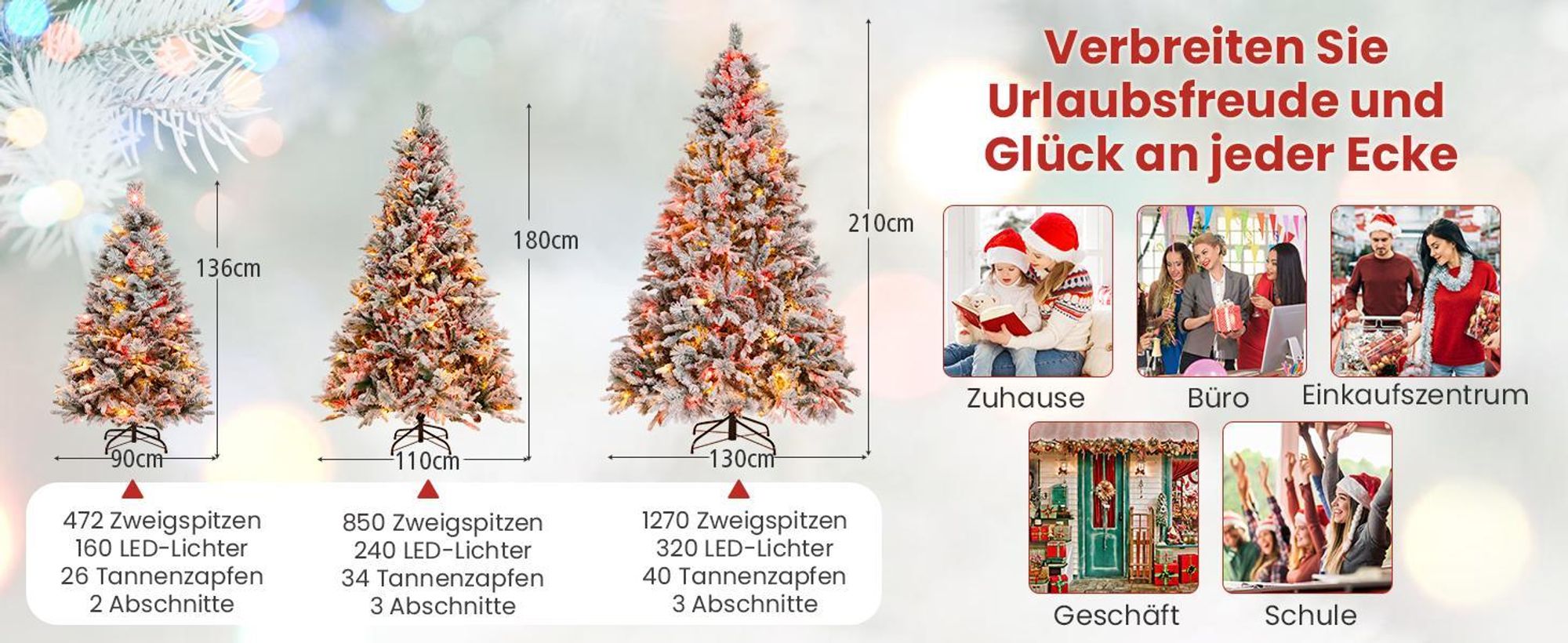 COSTWAY Künstlicher Weihnachtsbaum 180cm, Tannenbaum mit Schnee und Zapfen, 8 Lichtmodi & 850 PE PVC Zweigspitzen, Christbaum, Kunstbaum Weihnachten