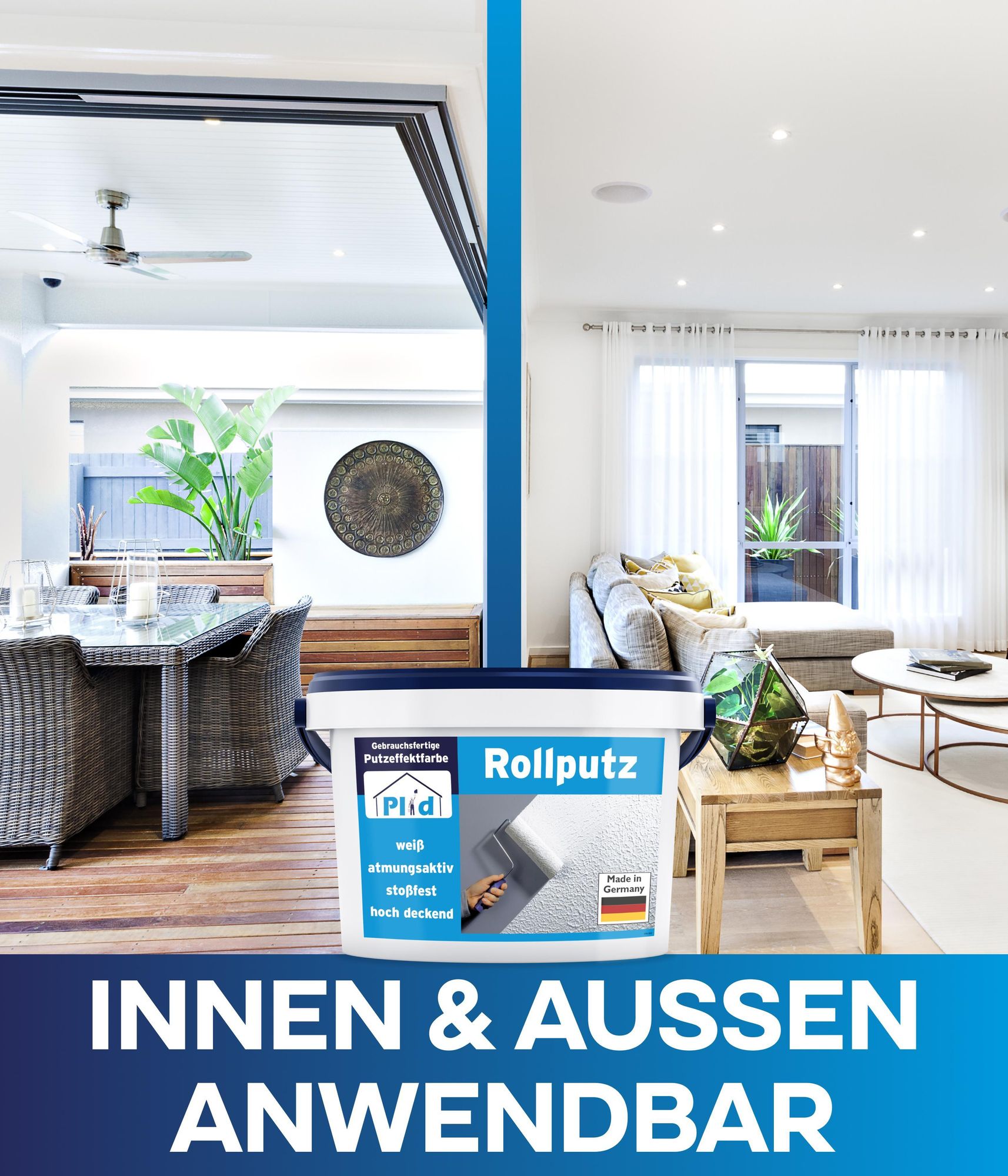 Plid® Rollputz innen & aussen fein Weiß matt [20kg] - atmungsaktiv hohe Deckkraft verarbeitungsfertig - Roll und Streichputz grob & fein - Innenputz