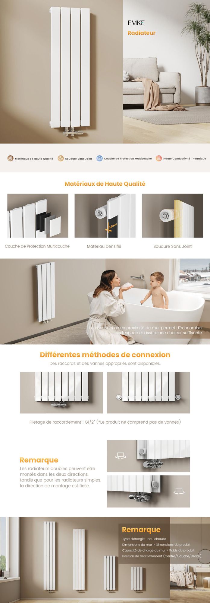 Radiateur EMKE plat et compact Radiateur à panneaux design vertical à une couche Raccord central 90 x 30 cm 297 W Blanc Peu encombrant, sans tige chauffante