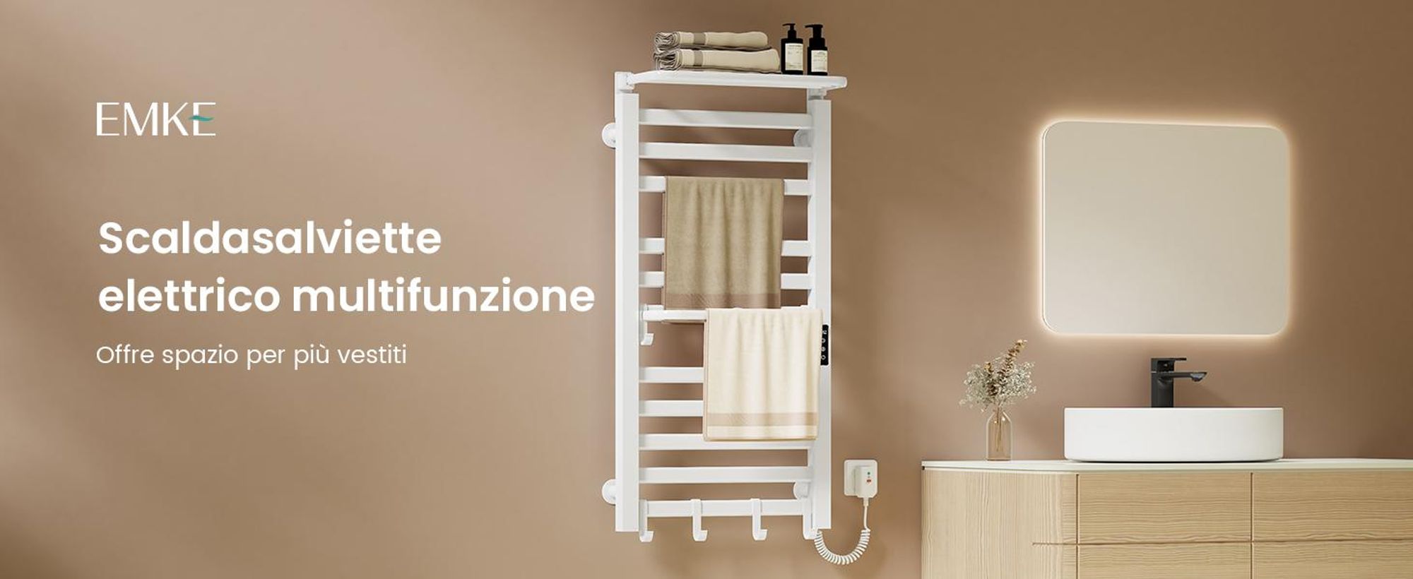 EMKE Scaldasalviette elettrico 1000x500 mm, 280W, doppia fila, tubi piatti, ripiano e ganci, WiFi Tuya Alexa, bianco lucido