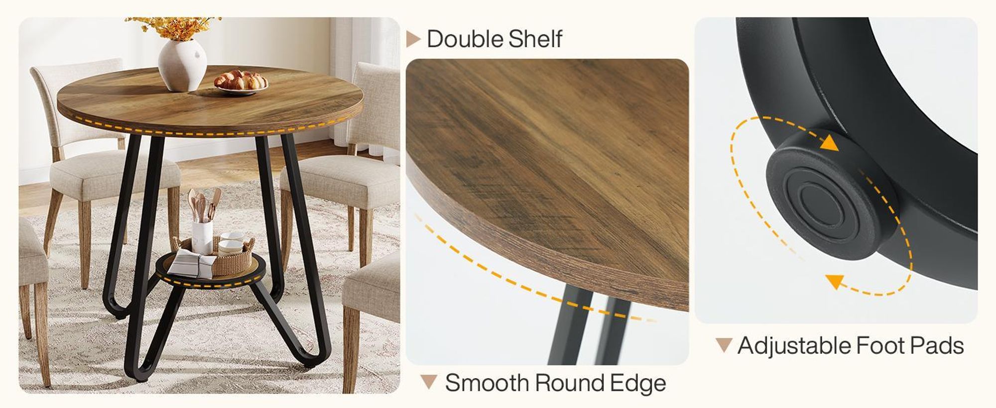 Tribesigns 80 cm runder Esstisch, mit Doppelablagen, kleiner Küchentisch für 2, Esstisch mit Metallfuß im Industrie-Stil, Esszimmer, Kaffee-Esstisch