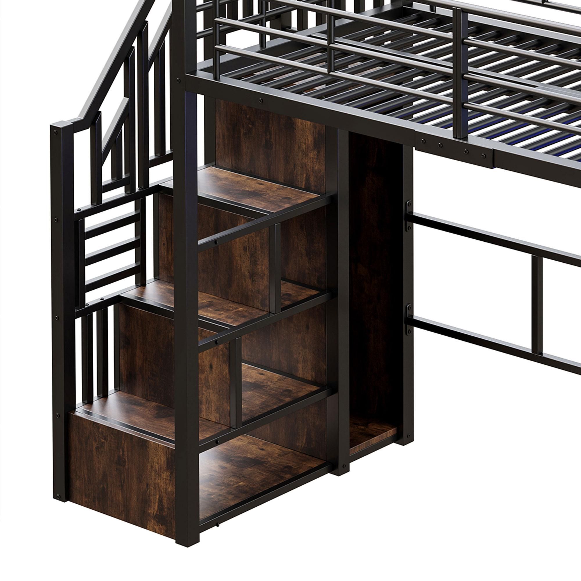 Merax Etagenbett Hochbett 90x200 cm, mit LED, Schreibtisch, Kleiderschrank, Ablageleiter, Regale, Metall Stockbett, Kinderbett, Schwarz
