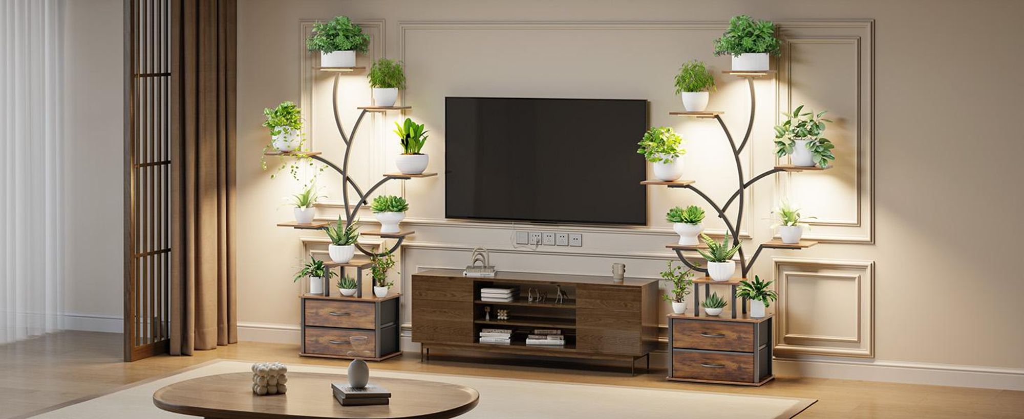 Mondeer Pflanzenregal 160cm, mit LED-Lampe, 9 Etagen & 2 Schubladen, Schwarz-Braun