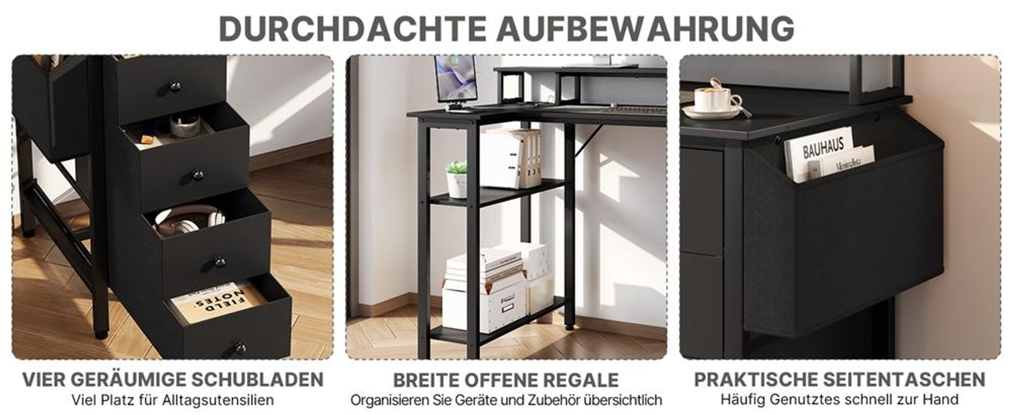 Yaheetech L-förmiger Computertisch, Schreibtisch mit Ladestation, umkehrbarer Gaming-Tisch, mit Monitorhalterung & Aufbewahrungstasche, Schwarz