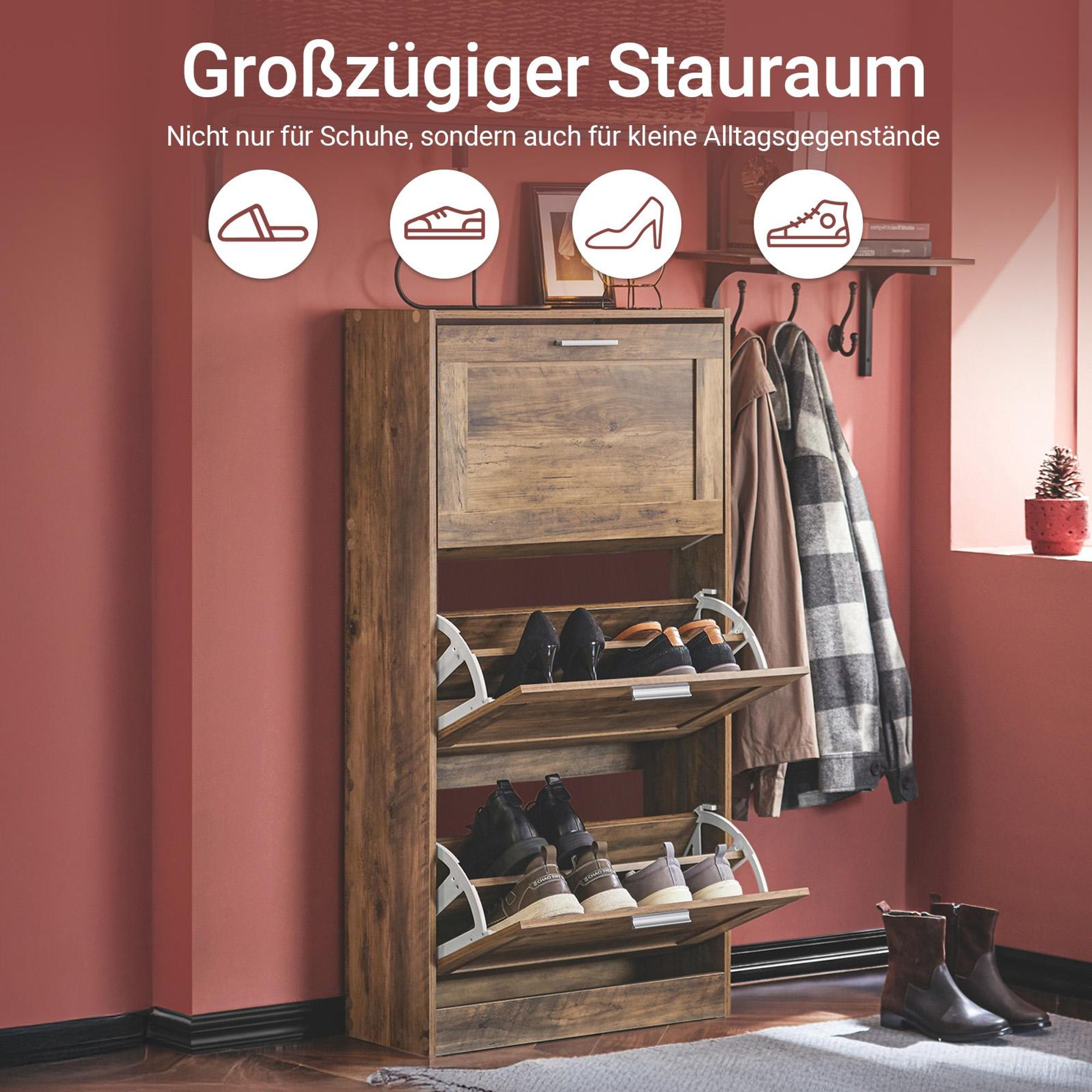 SoBuy schmaler Schuhkipper 23 cm tief mit 3 Klappen, Schuhschrank für Flur mit höhenverstellbaren Fächern, Vintage Design für kleine Räume, FSR137-L-F