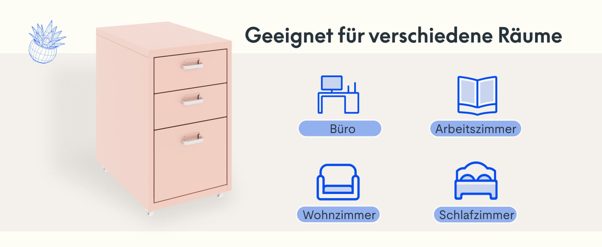 FLEXISPOT Rollcontainer Büroschrank mit 3 Schubladen, Aktenschrank Metallschrank Kommode mit Rädern, Unterschrank für Zuhause und Büro (Rosa)
