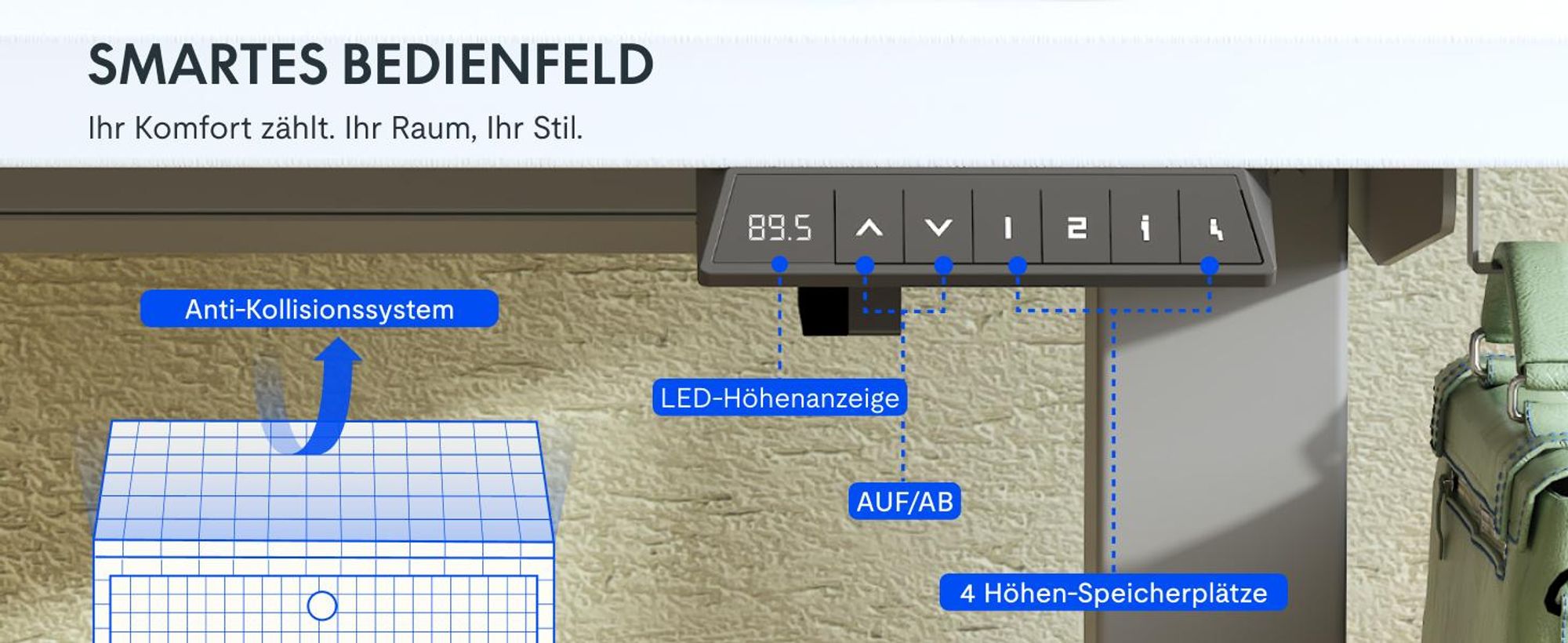 FLEXISPOT EN1 Höhenverstellbarer Schreibtisch 140x80cm, 100 kg Tragkraft, mit Anti-Kollisionsschutz, Einteilige Tischplatte, 4 Memory-Funktion (Weiß)
