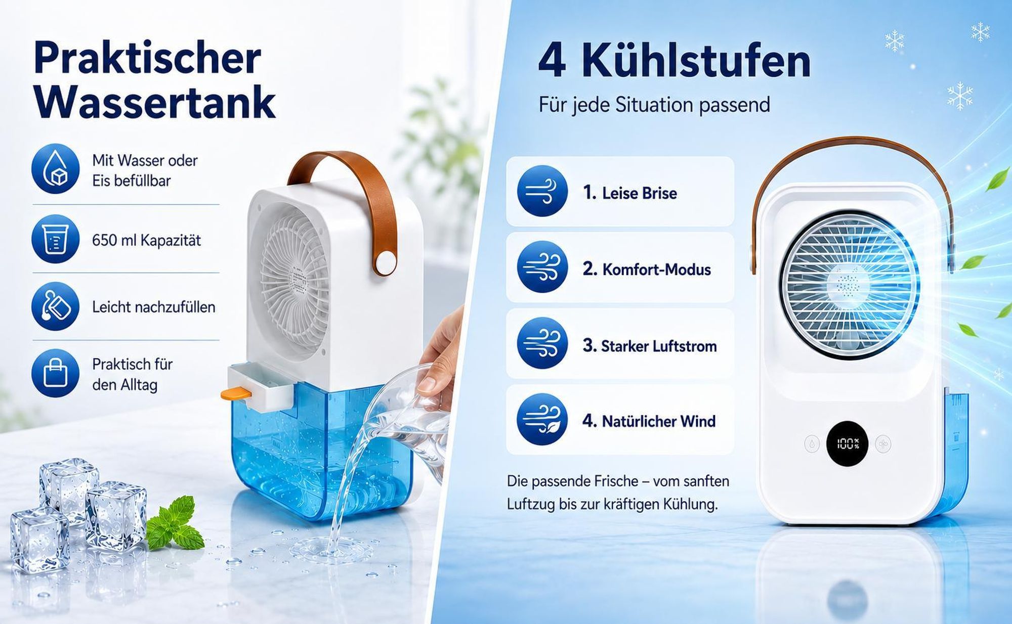 Mobiler 3-in-1 Luftkühler mit integriertem Akku, kabelloser Tischventilator mit Sprühnebel, 4 Windstufen für schnelle Erfrischung