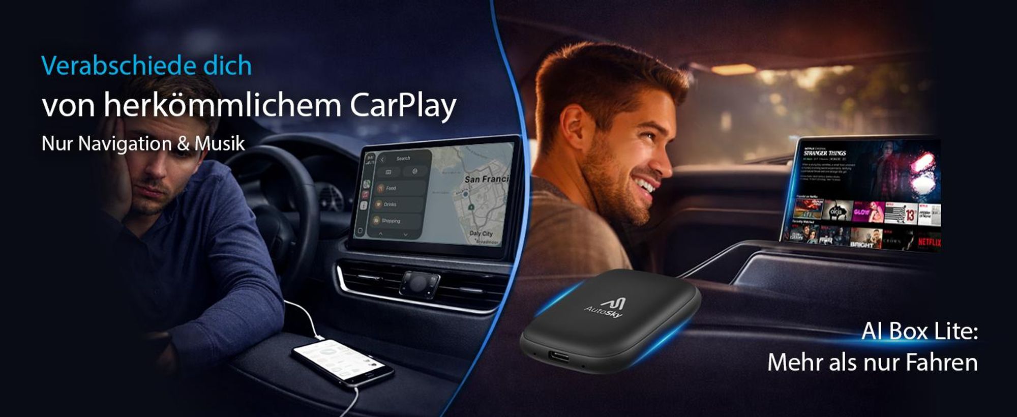 AutoSky Wireless CarPlay & Android Auto AI Box Lite – Für Fahrzeuge mit Wired Ca