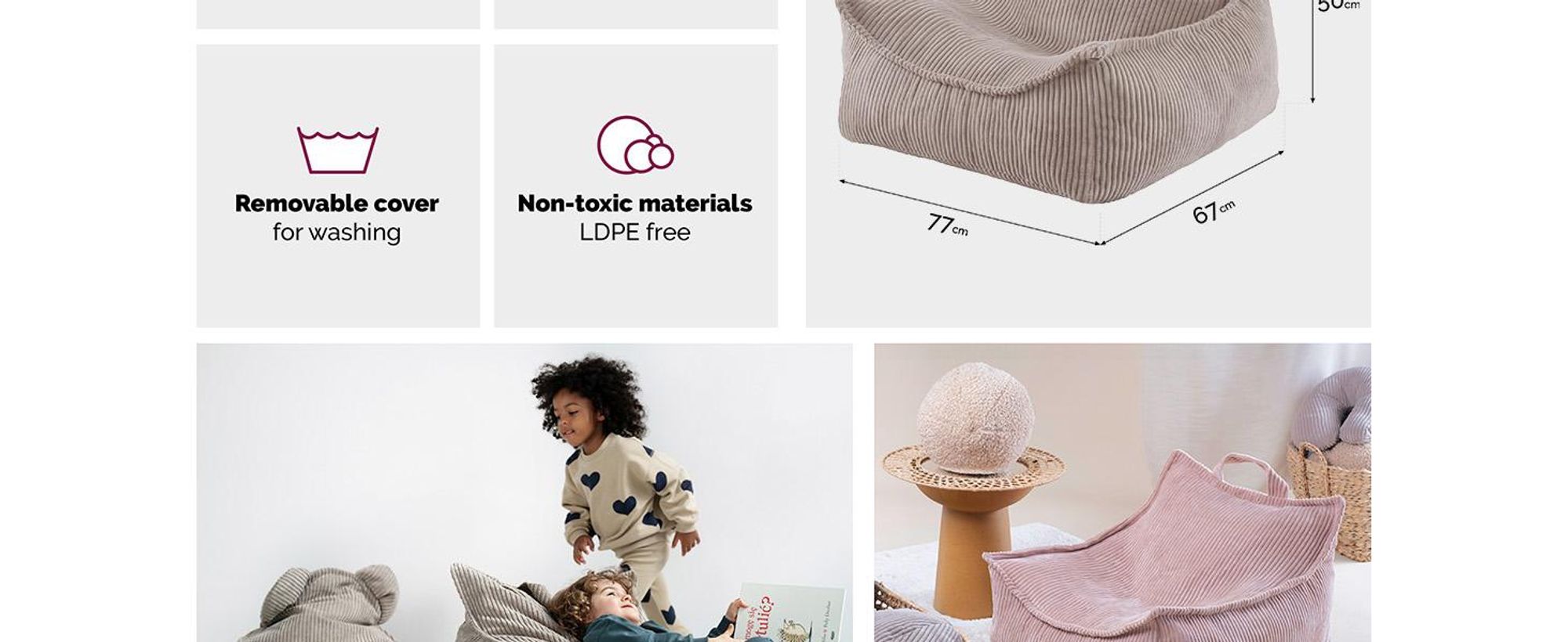MISIOO Beanbag Kids - Veľký vrece - Veľký vak pre deti - Manšestrový materiál - 77x67x50 cm - Umývateľná tkanina - Držadlo na jednoduché prenášanie - Béžová farba