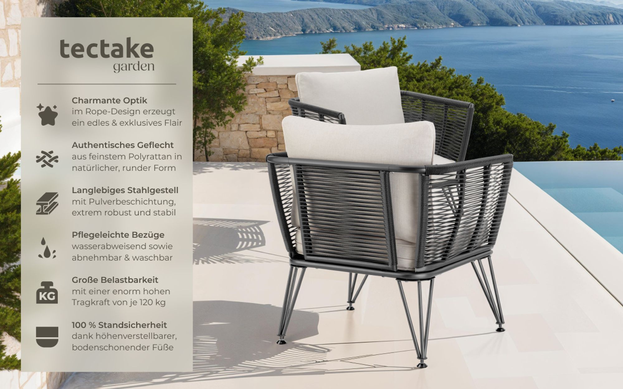 tectake® Garten-Loungesessel Sundo im Rope-Design