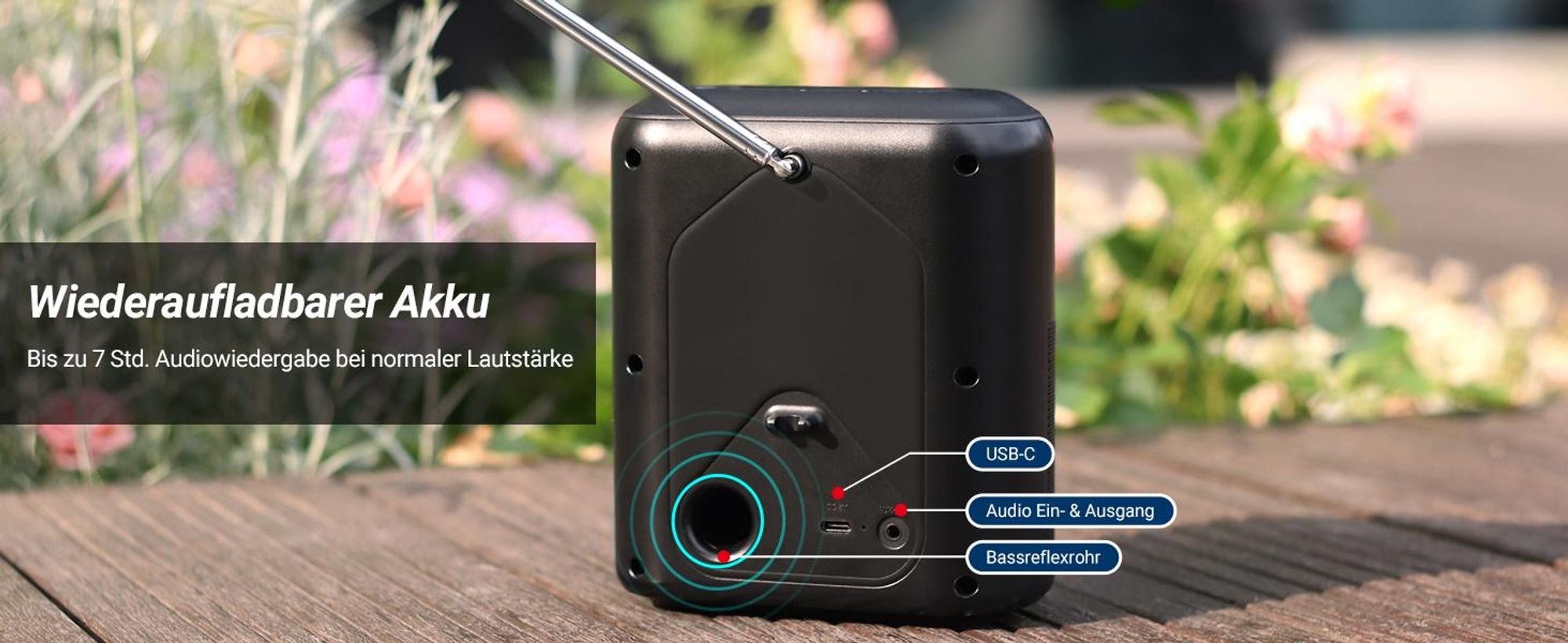Tragbares DAB+/UKW Radio mit Bluetooth Akku Doppel Wecker, 60 Presets - August MB330
