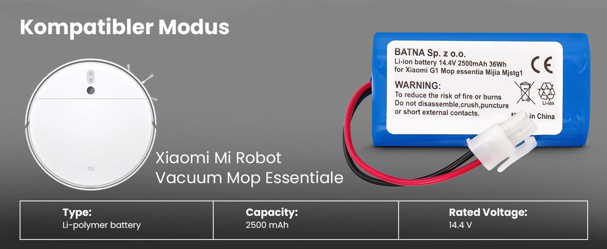 Extralink Ersatzakku für Xiaomi Mi Robot Vacuum Mop Essential, 14,4V 2500mAh