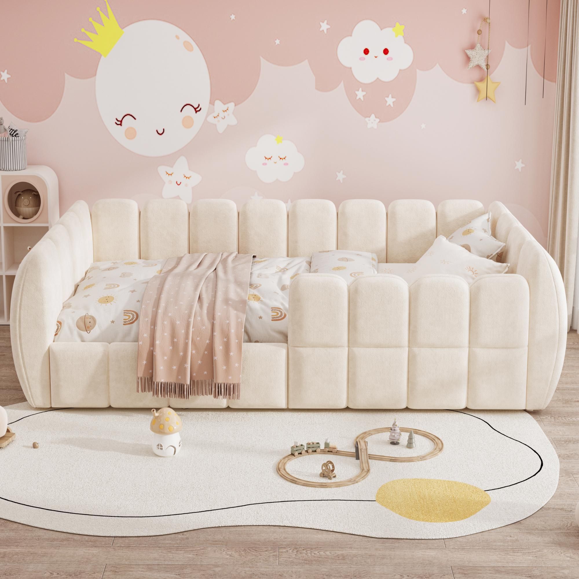 Merax Gepolstertes Kinderbett Bodenbett 90x200cm, Samtbett mit geschlossenem Design und abgerundeten Ecken, Montessori Bett für Jugendliche, Beige