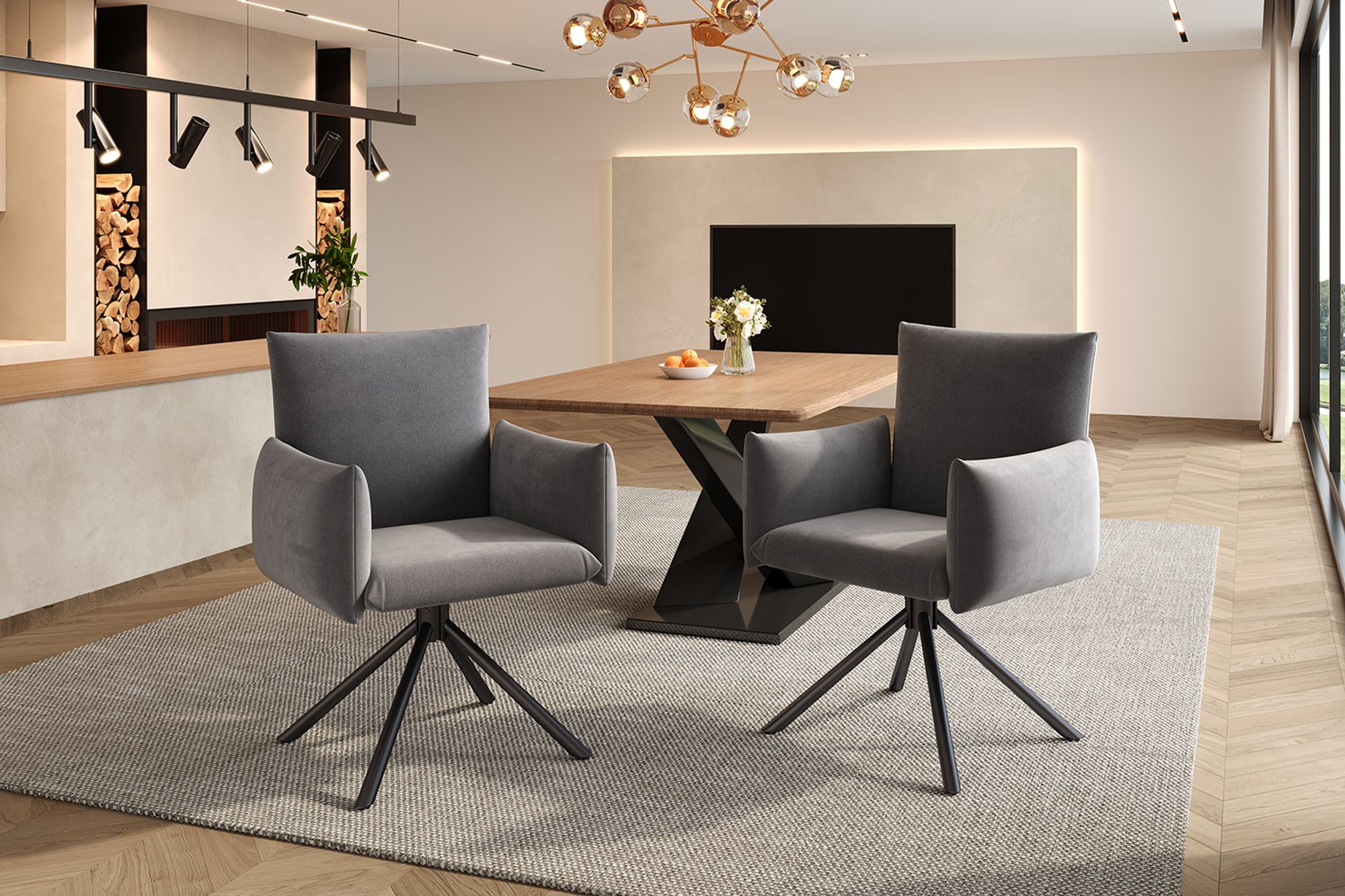Flieks Esszimmerstühle (2 St.), 360° drehbarer Loungesessel, Polsterstuhl aus Samt, Essstuhl mit 4 Metallbeinen, atmungsaktives Material, grau