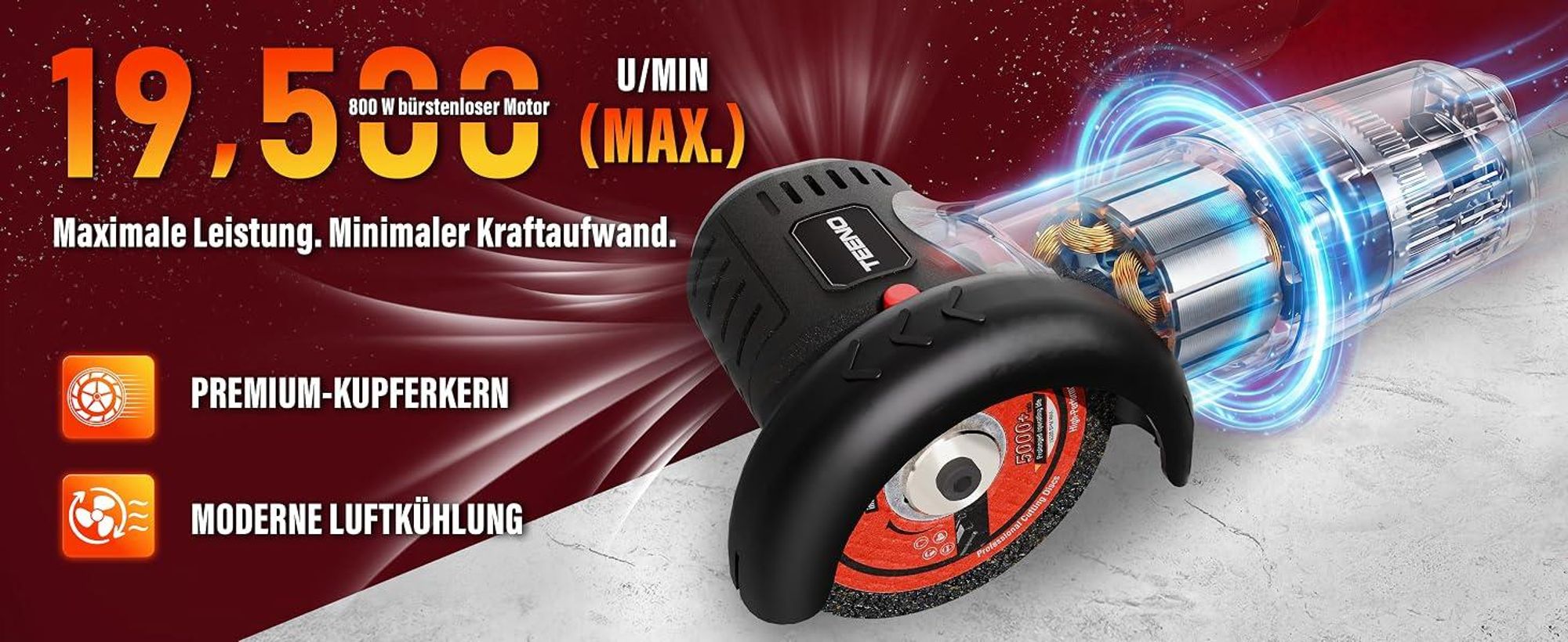 TEENO Akku-Winkelschleifer Bürstenlos 16,8V 76mm 19.500 U/min, 2 Akkus 800W Motor, LED-Display, 2x2000mAh Akkus, 6 Scheiben & Koffer. Schneiden.