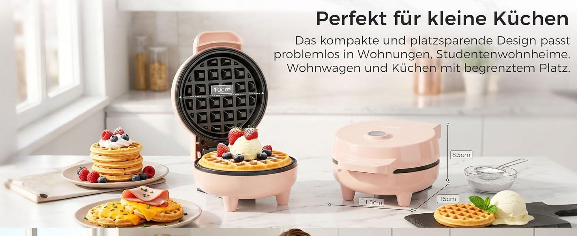 YASHE Mini Waffeleisen 550W, Antihaft-Waffelmaschine, Rosa