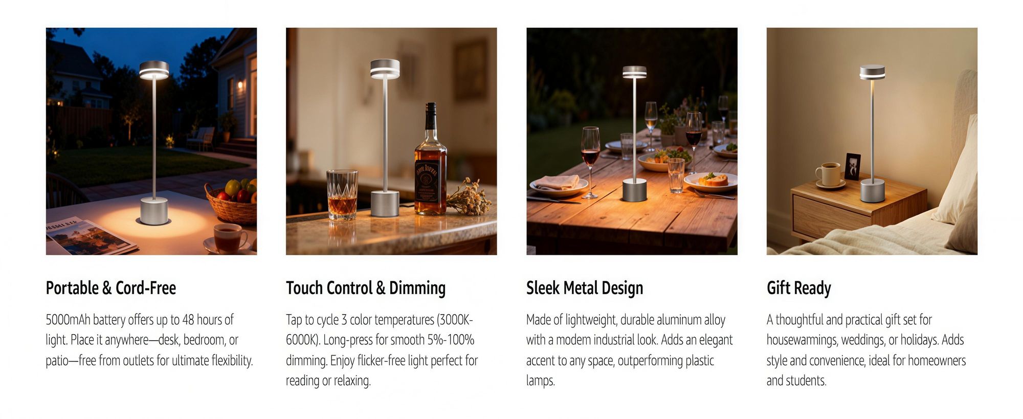 2er LED Tischlampe Kabellos,1800mAh Touch Dimmbare Tischleuchte, USB Wiederaufladbar,3 Farbtemperatur Nachttischlampen, Augenschutz-Nachtlicht, Silber