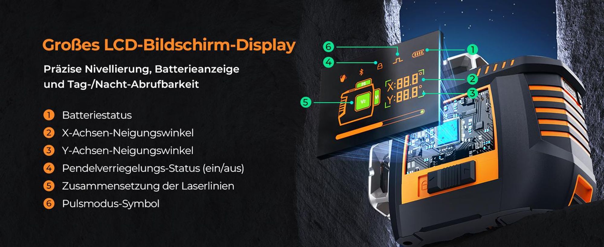 CIGMAN CM-S05 Kreuzlinienlaser 3x360 Grad, Gestensteuerung, App-Anbindung, LCD-Display