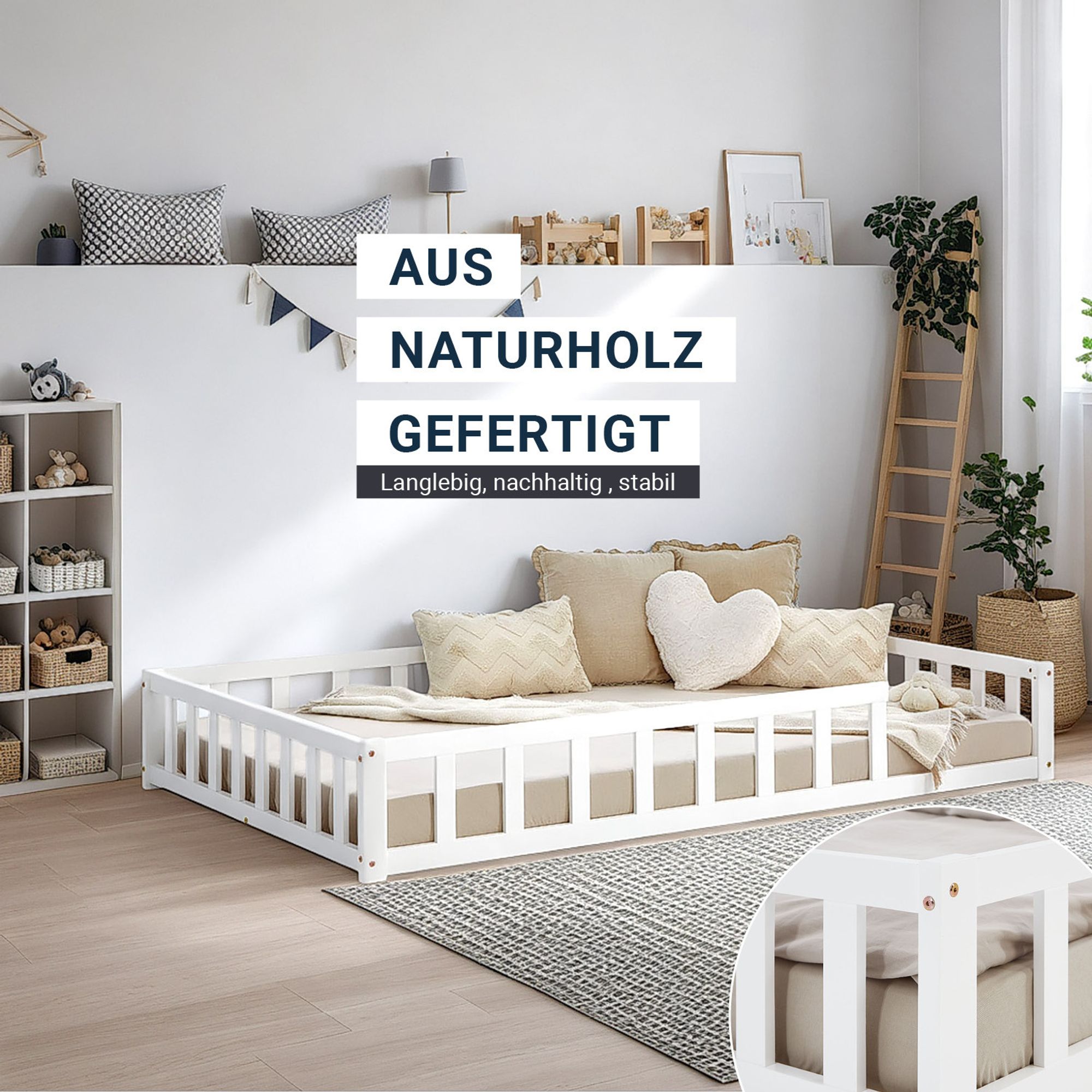 Bodenbett 120x200 aus Kiefernholz gefertigt