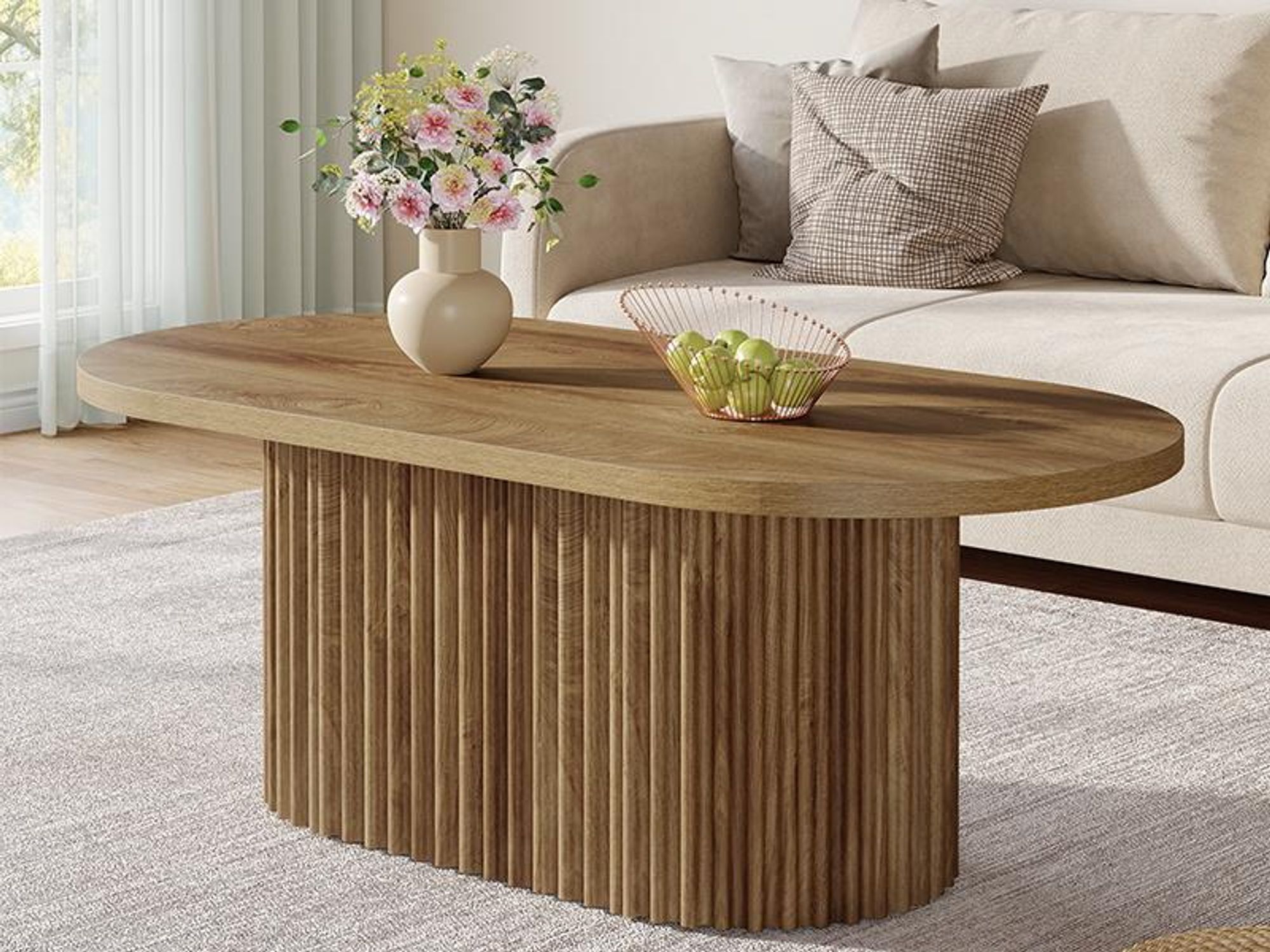 Tribesigns Ovaler Couchtisch, 120 cm großer Landhaus Couchtisch aus Holz mit geriffeltem Design, für Wohnzimmer, Büro, Wohnung, rustikales Braun