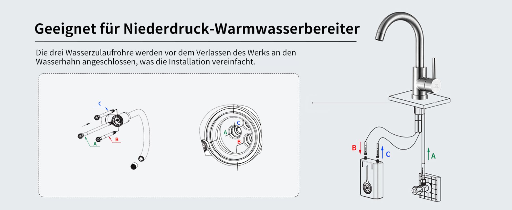 Niederdruck Wasserhahn Bad/Küche Niederdruck Badarmatur 360° Drehbar Badarmatur Küchenwasserhahn aus Edelstahl Spültischarmatur für Kaltwasser und Spüle Boiler