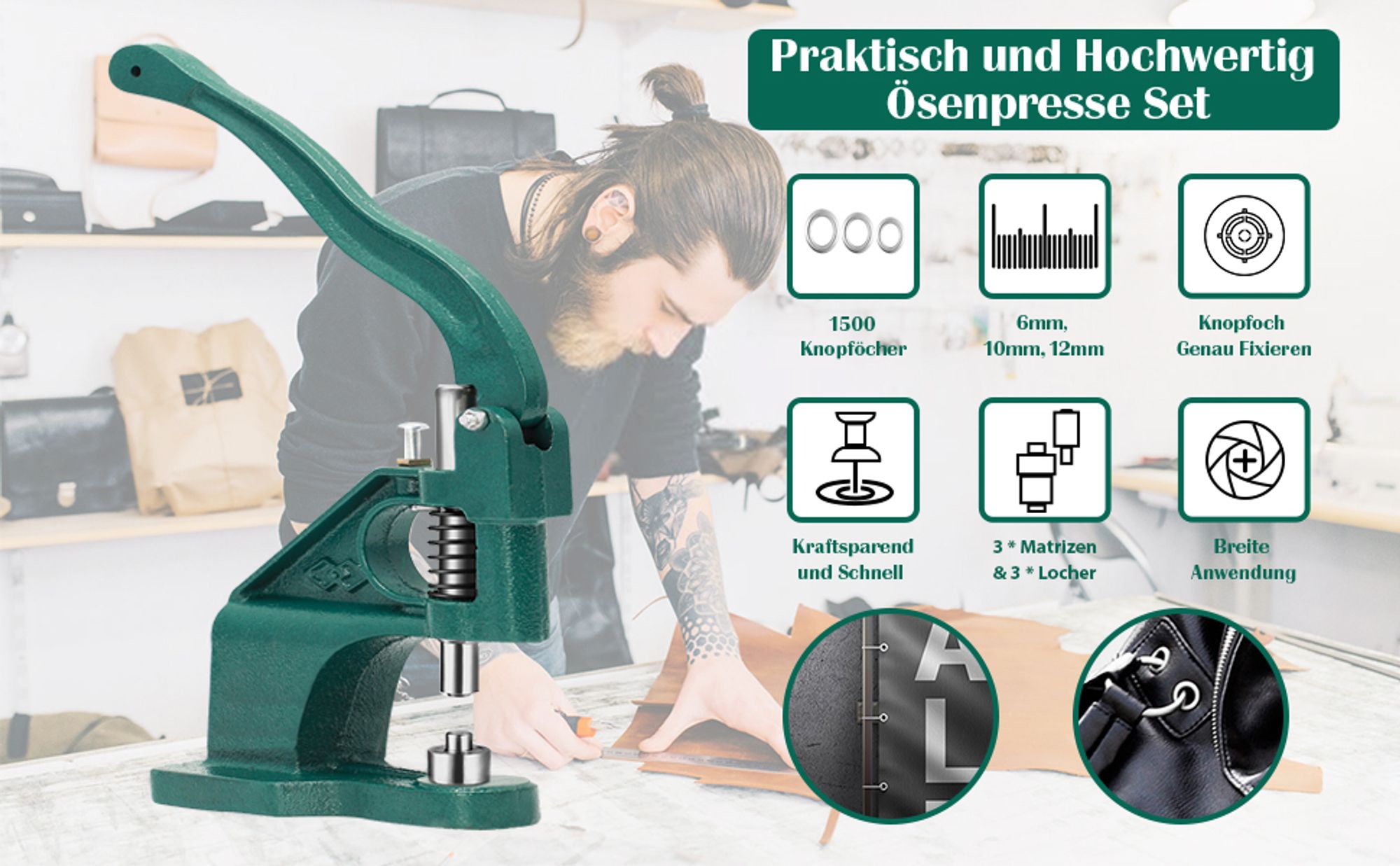 Jadeshay Ösenpresse Set – Handpresse mit 3 Stanzformen(6/10/12 mm) und 1500 Ösen für Stoffe und Leder – Ideal für DIY-Projekte, Nieten und Druckknöpfe