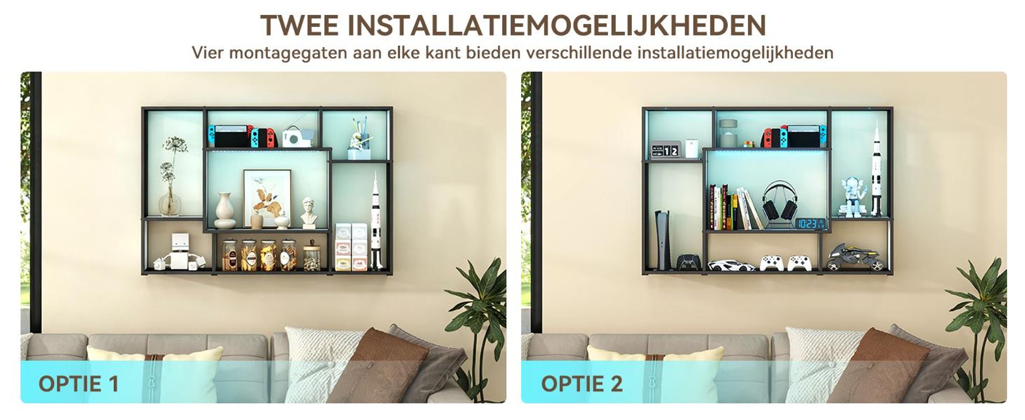 Puluomis wandplank met RGB-verlichting, 120 cm, MDF-houten plank en metalen frame, maximaal 20 kg draagvermogen per vak, geschikt voor wandmontage of als staande plank, wit
