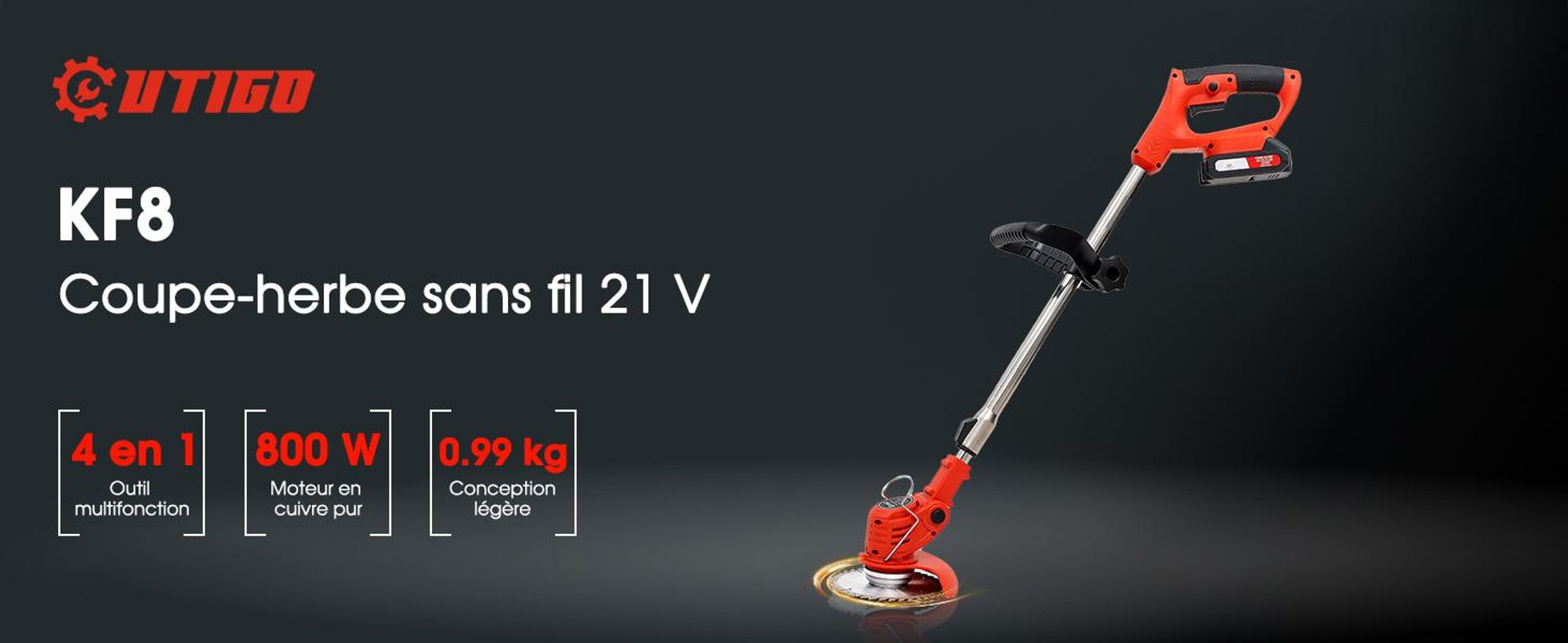 OUTIGO Debroussailleuse Electrique sans Fil, Débroussailleuse à Gazon sans balais avec 2 Batteries et 4 Lames avec poignée réglable
