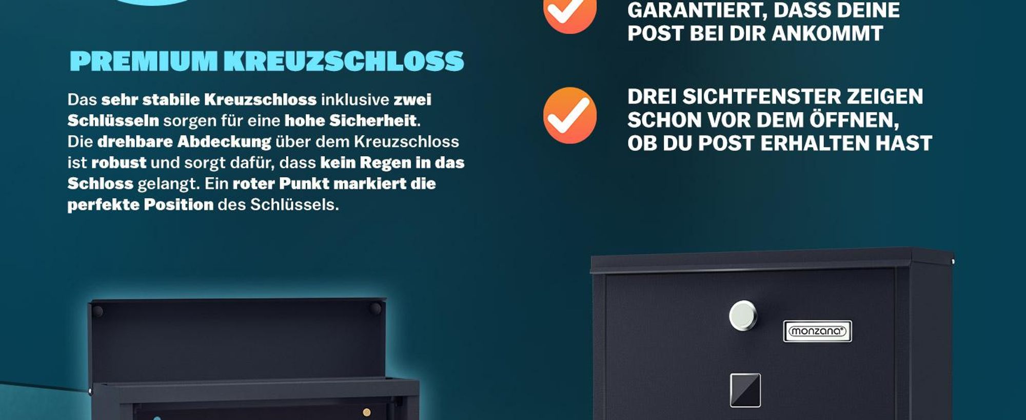 MONZANA® Briefkasten Kreuzschloss mit Kupfer-Schließzylinder drehbare Abdeckung 31x10x34 cm Sichtfenster Namensschild Zeitungsfach einfache Montage legierter Stahl 2 Schlüssel Postkasten Anthrazit