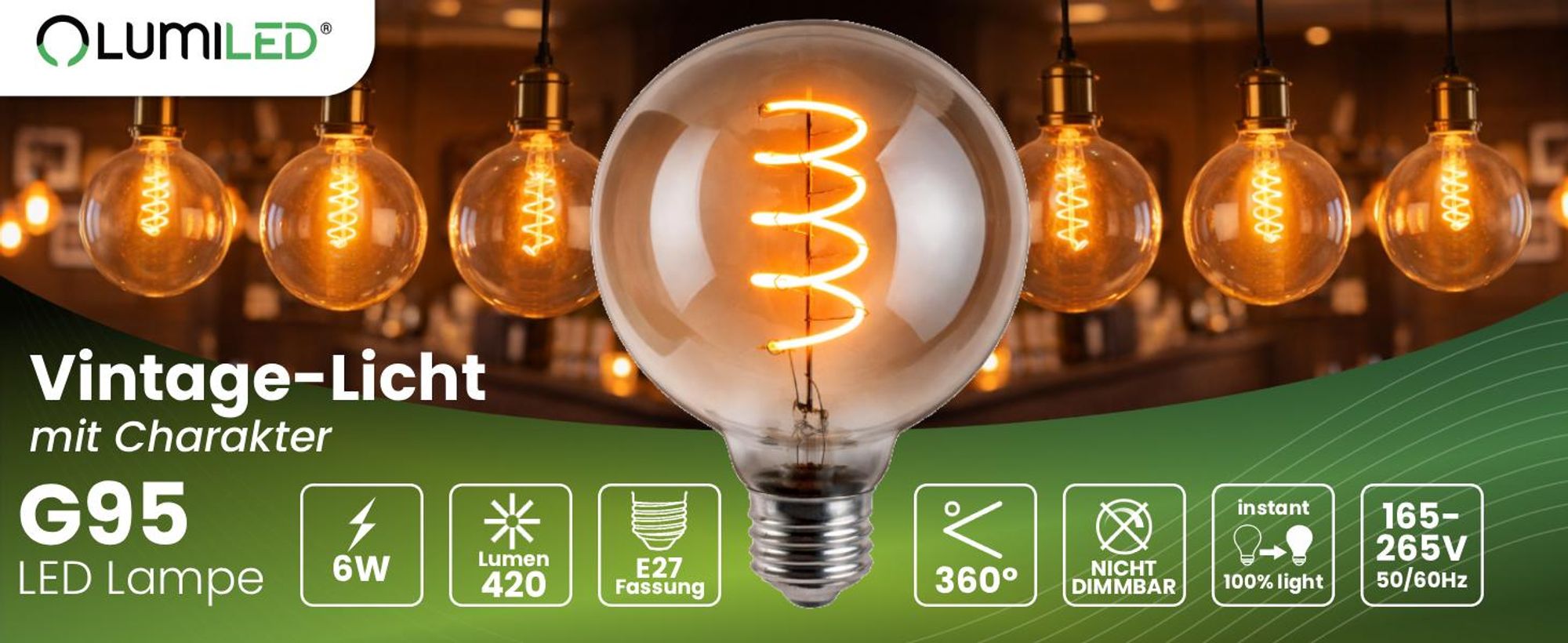 LUMILED 3x E27 LED Lampen G95 Vintage Glühbirne Globe Spiral 6W Ersetzt 50W 420lm Leuchtmittel 2200K Warmweiß Retro Filament Smokey Glas Kugel Deko