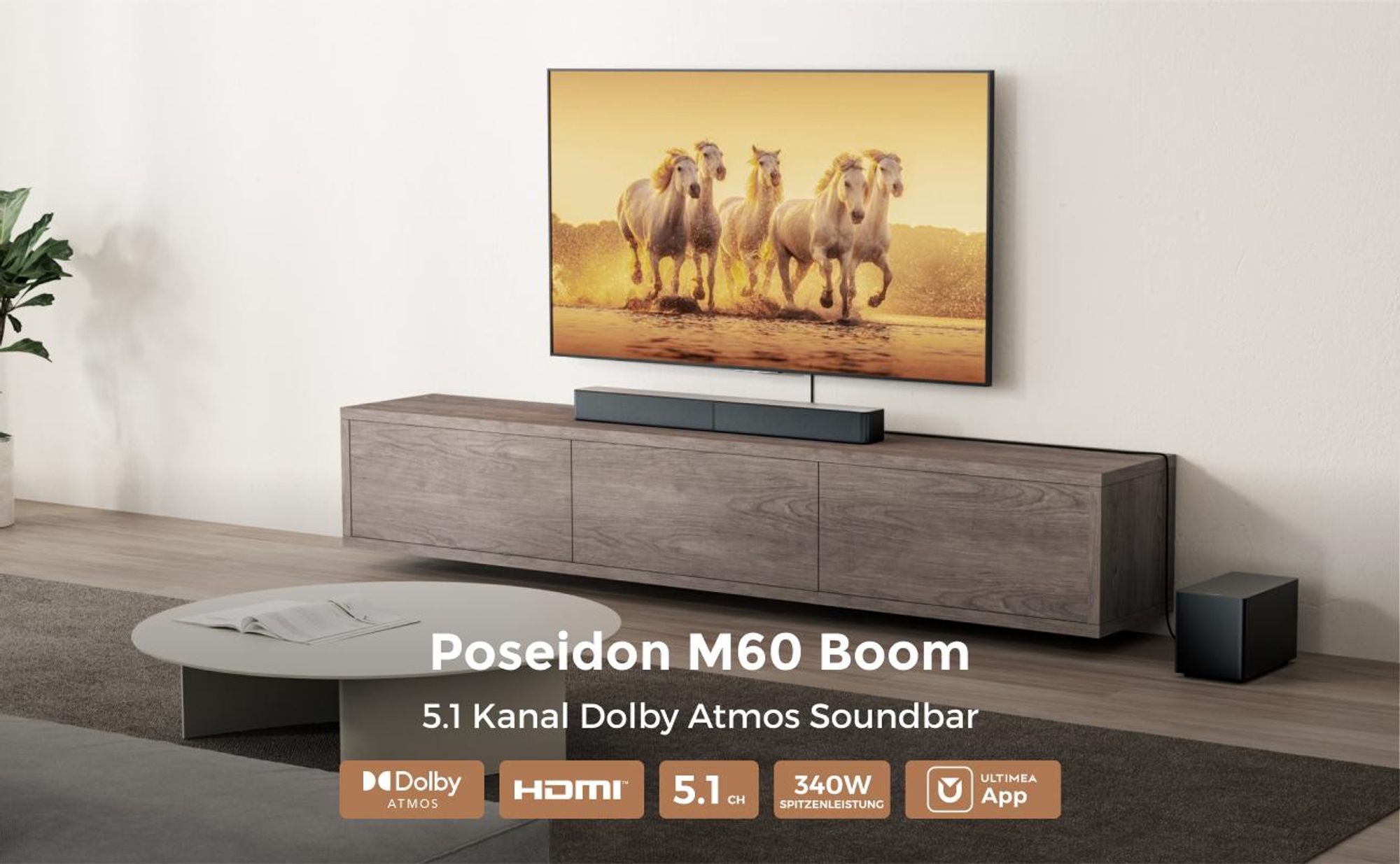ULTIMEA 5.1 Dolby Atmos Soundbar, Heimkino-Soundsystem mit Subwoofer für TV, 300W Leistung, einstellbare Bassverstärkung, App-Steuerung, Bluetooth 5.4