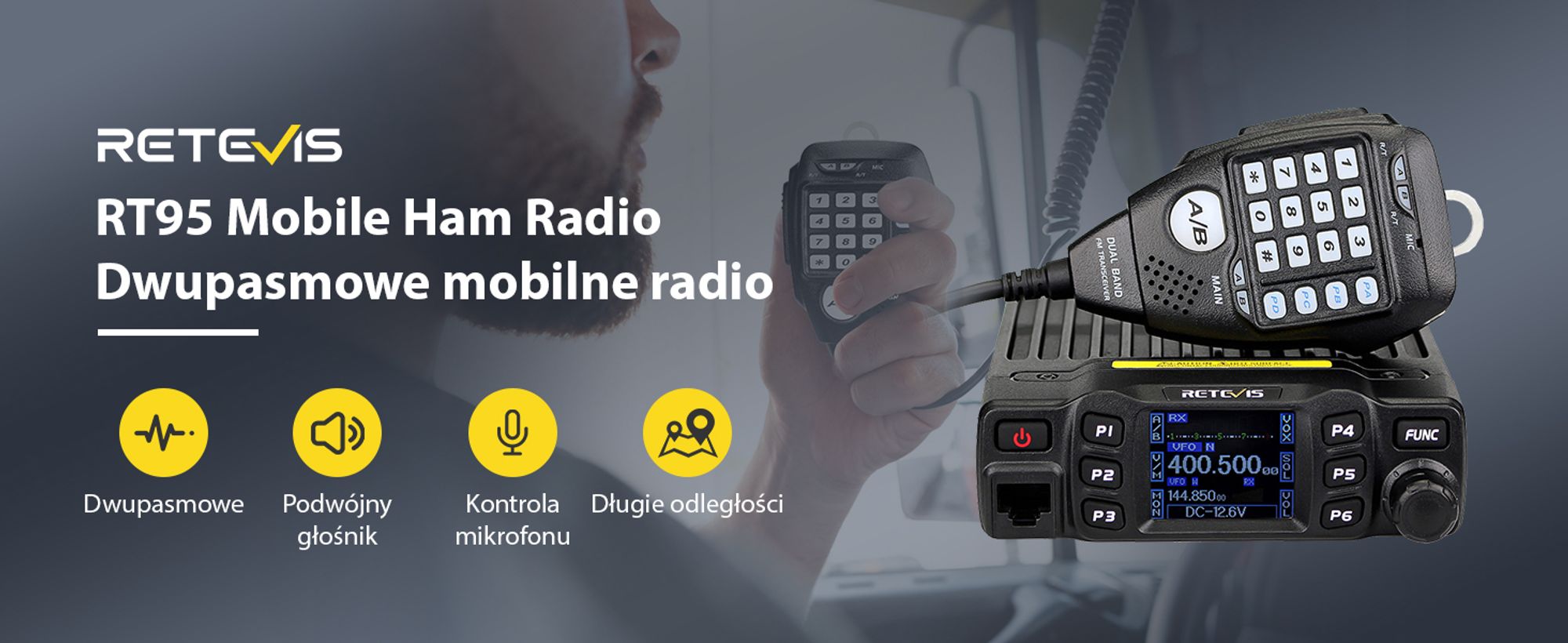 Retevis RT95 Mini urządzenie mobilne Dwuzakresowe radio amatorskie 200 kanałów 5W/15W/25W DTMF 5-tonowy nadajnik samochodowy (czarny)