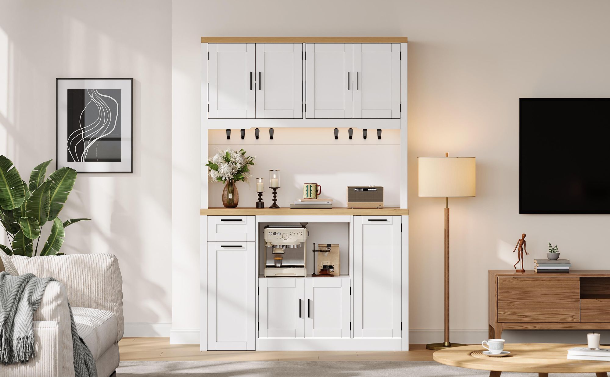 Flieks Küchenschrank mit Schubladen, Vorratsschrank mit LED-Beleuchtung und Steckdosen, Vitrinenschrank mit Einlegeböden, 120×40×182cm, Weiß, MDF+PB