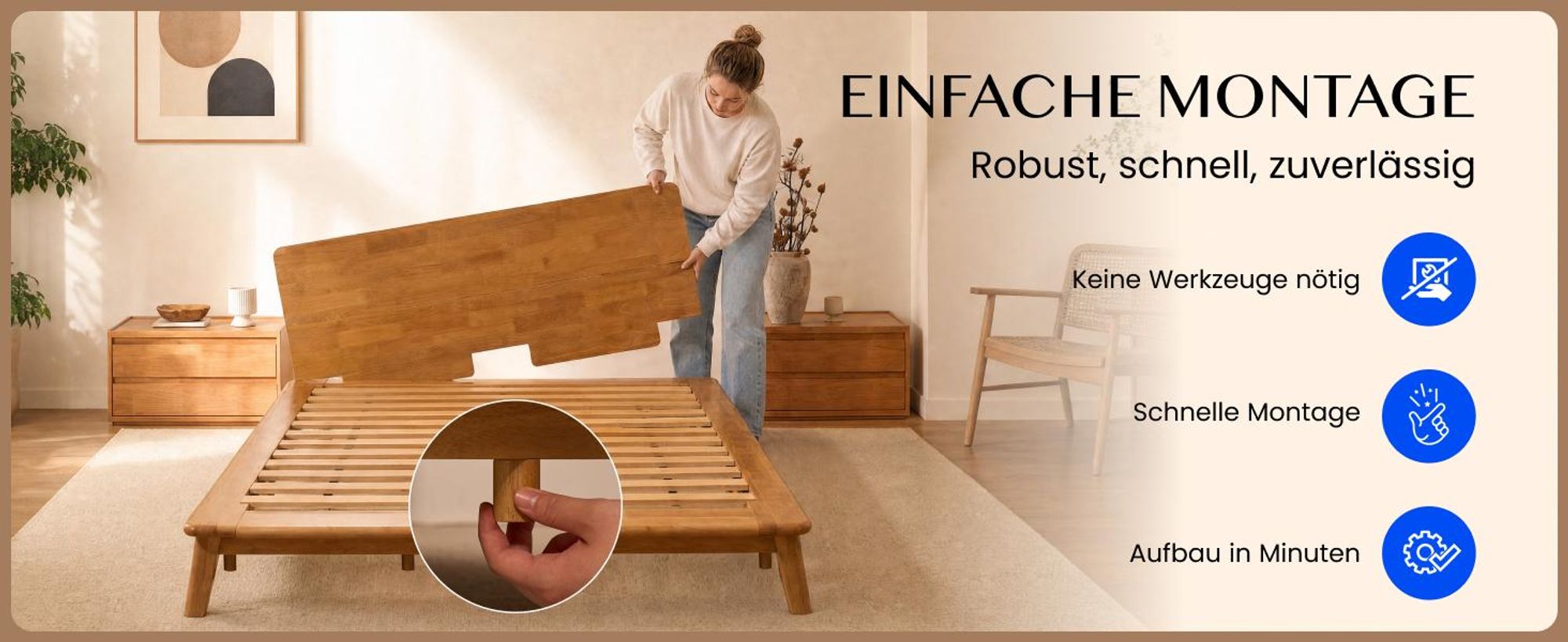 FLEXISPOT Massivholzbett 160x200 cm aus Gummibaumholz, Doppelbett mit Kopfteil, Bettgestell mit Lattenrost, modernes Japandi-Bett, bis 500 kg, Hako G1